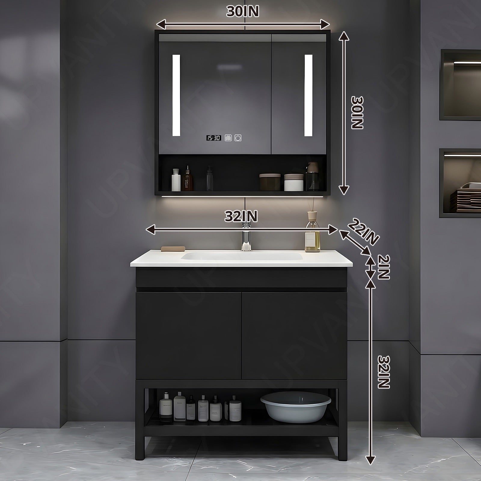 Modern Bath Vanity Set, Black, Open Storage, 24"- 64", Single, Freestanding, Smart LED Mirror, Rear Cabinet