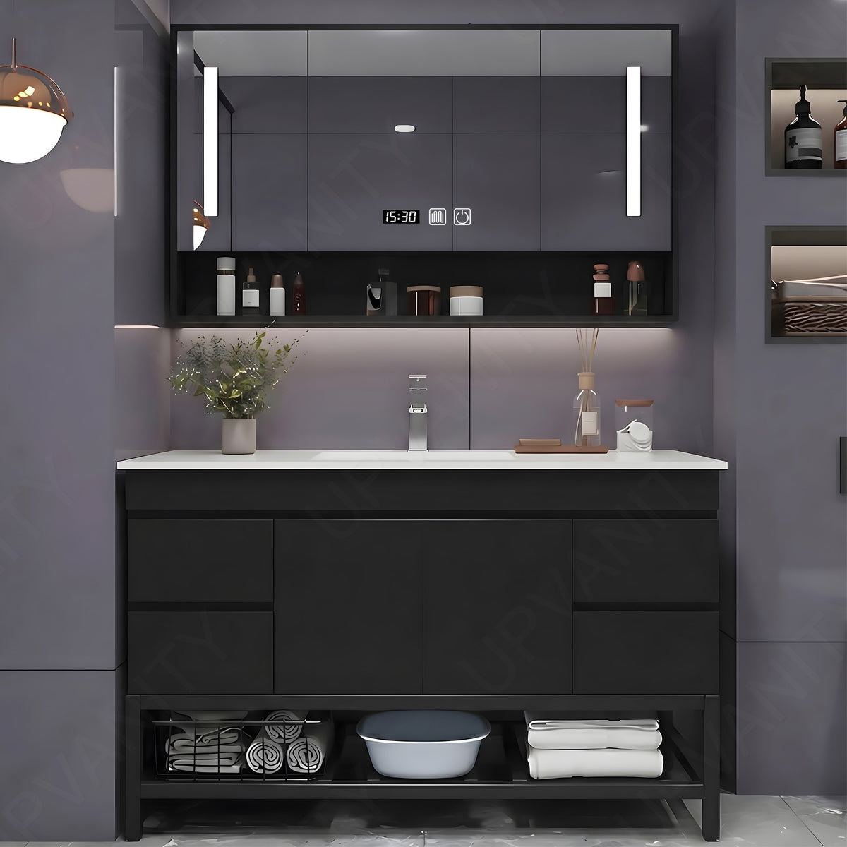 Modern Bath Vanity Set, Black, Open Storage, 24"- 64", Single, Freestanding, Smart LED Mirror, Rear Cabinet