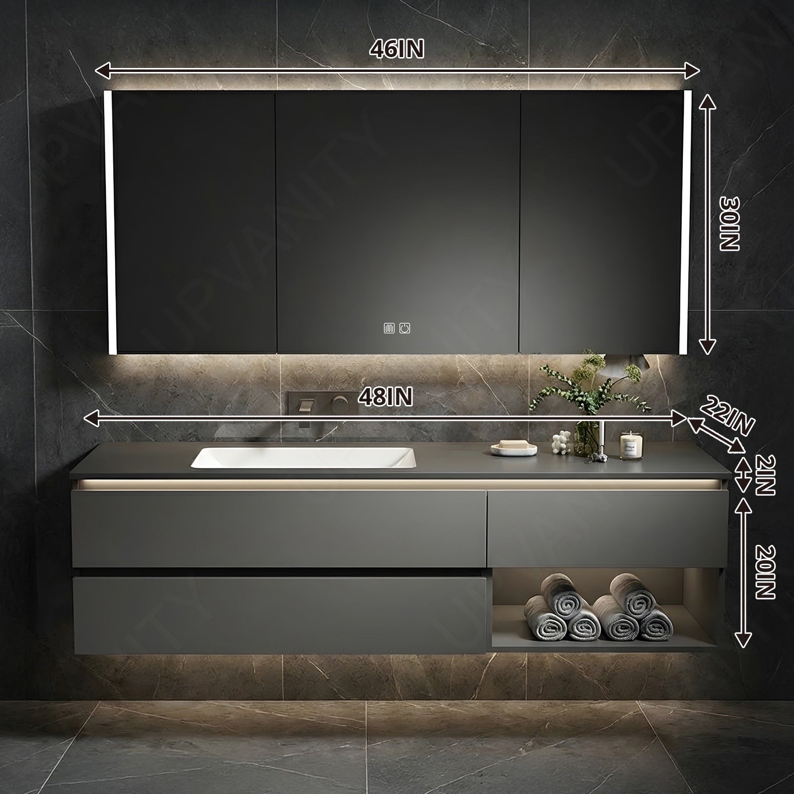 Modern Bath Vanity Set, Black, Open Storage, 48"-60", Single, Floating, Smart LED Mirror, Rear Cabinet, Sensor Light