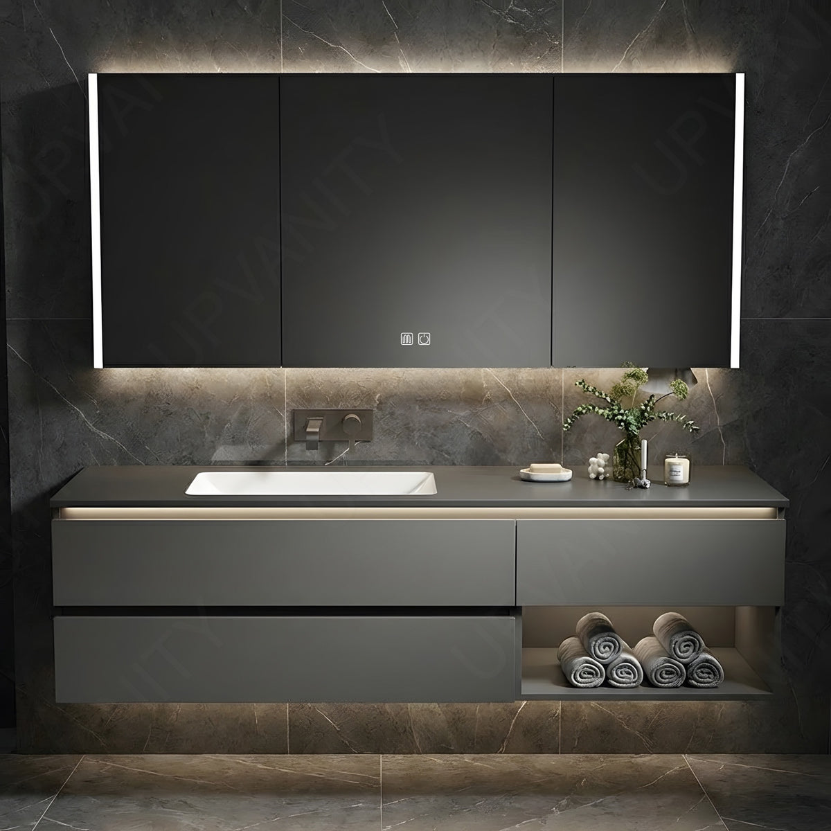 Modern Bath Vanity Set, Black, Open Storage, 48"-60", Single, Floating, Smart LED Mirror, Rear Cabinet, Sensor Light
