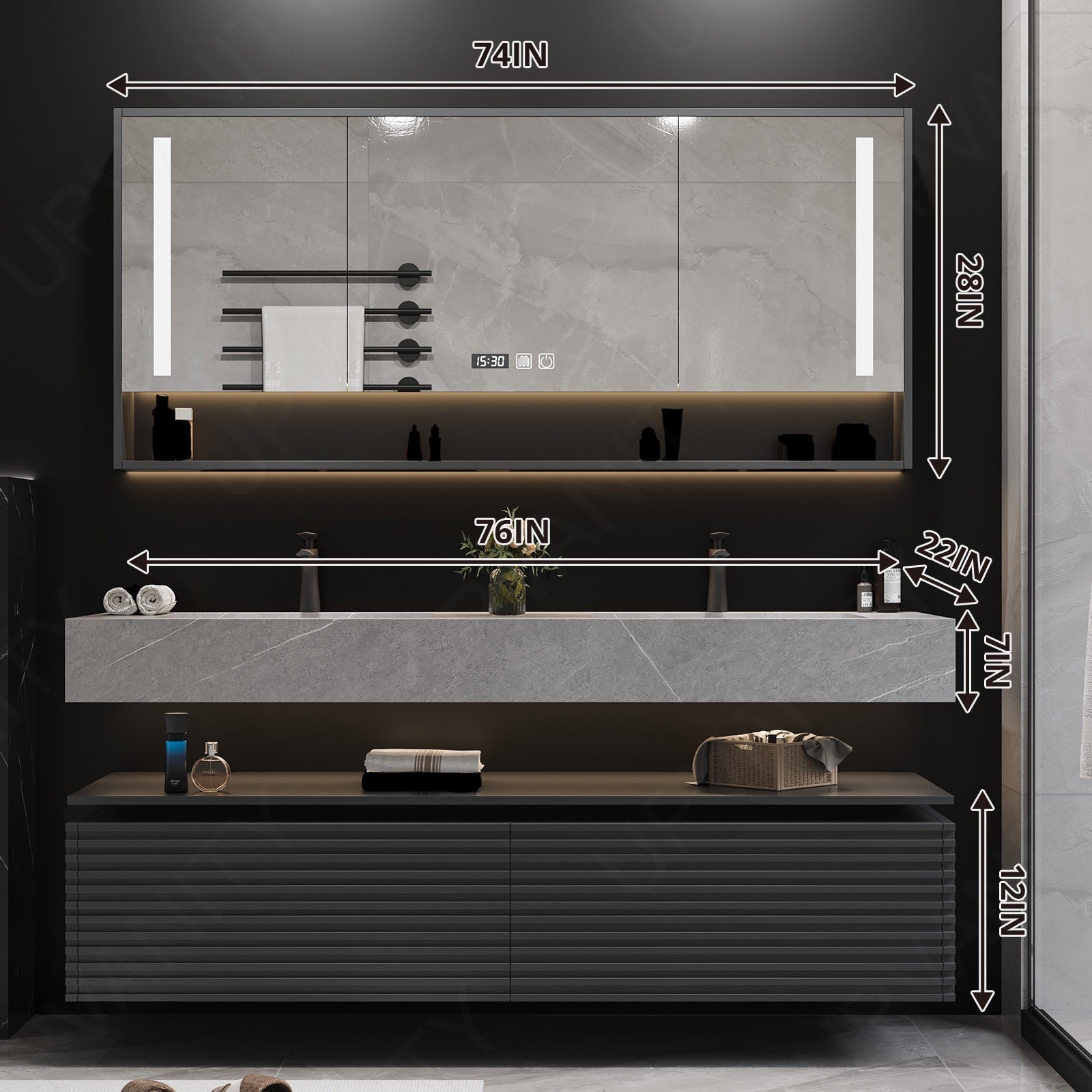 Modern Bath Vanity Set, Black, Open Storage, Striped Panel, 52"- 78", Double, Floating, Smart LED Mirror, Rear Cabinet