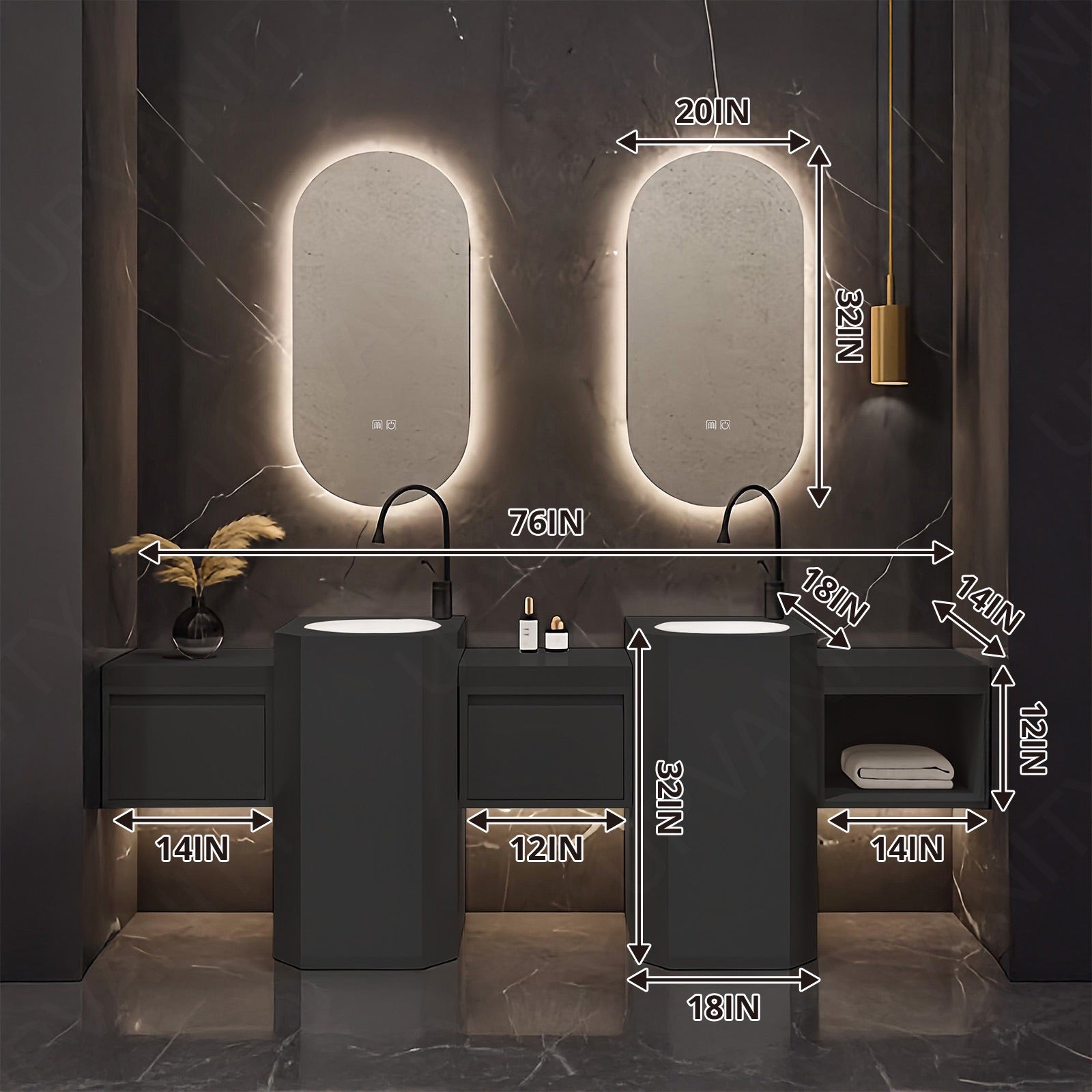 Modern Bath Vanity Set, Black, Pedestal Column, 72"- 100", Double, Freestanding, Oval Smart LED Mirror