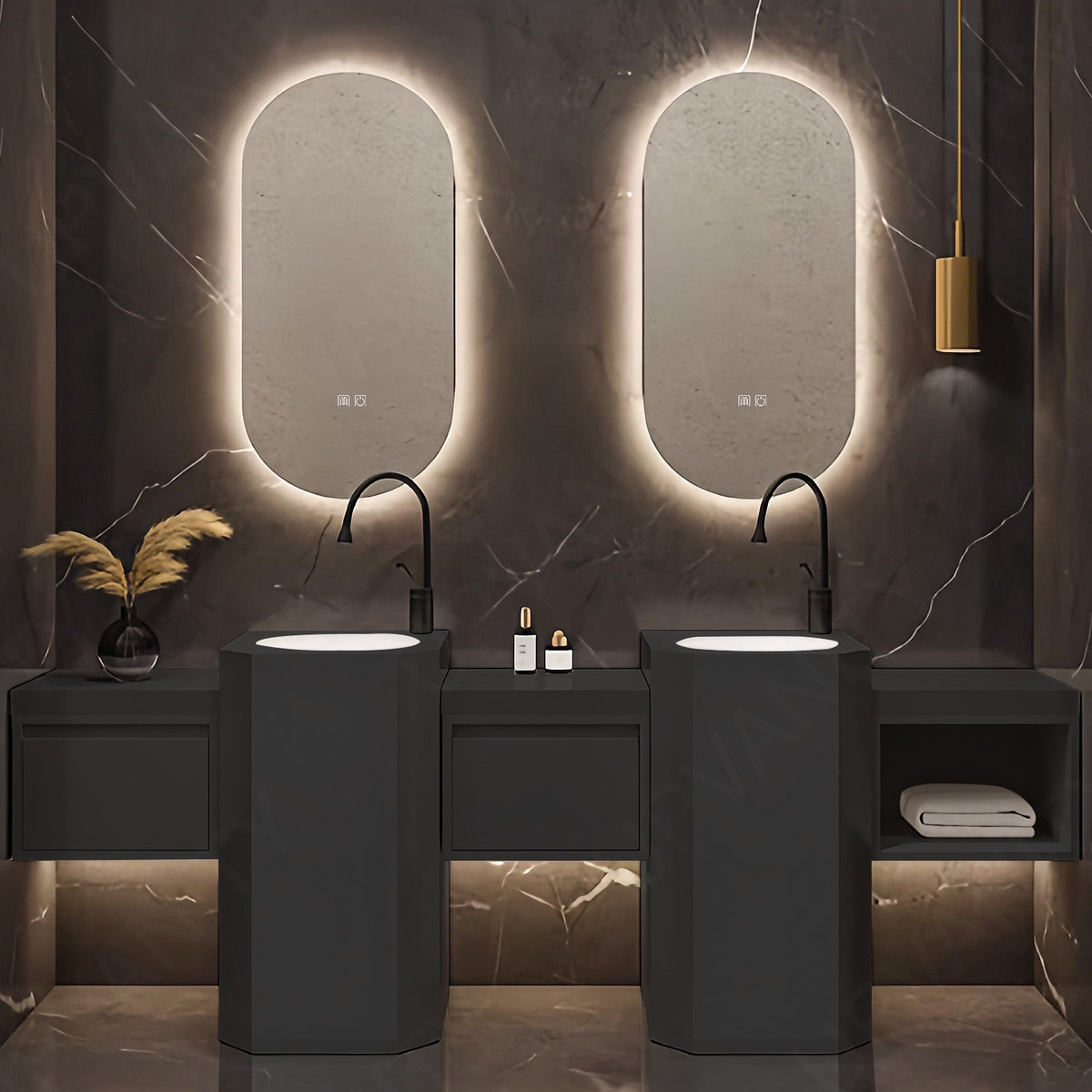 Modern Bath Vanity Set, Black, Pedestal Column, 72"- 100", Double, Freestanding, Oval Smart LED Mirror