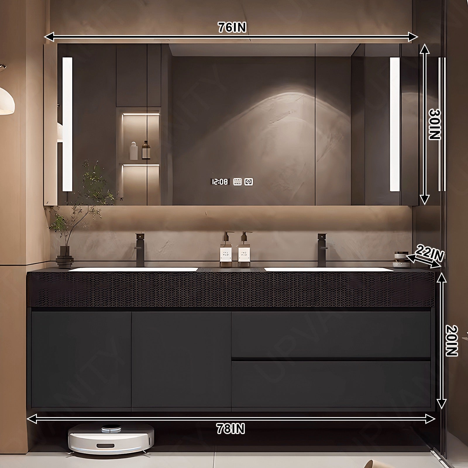 Modern Bath Vanity Set, Black, Sectional Storage, 52"- 78", Double, Floating, Smart LED Mirror, Rear Cabinet