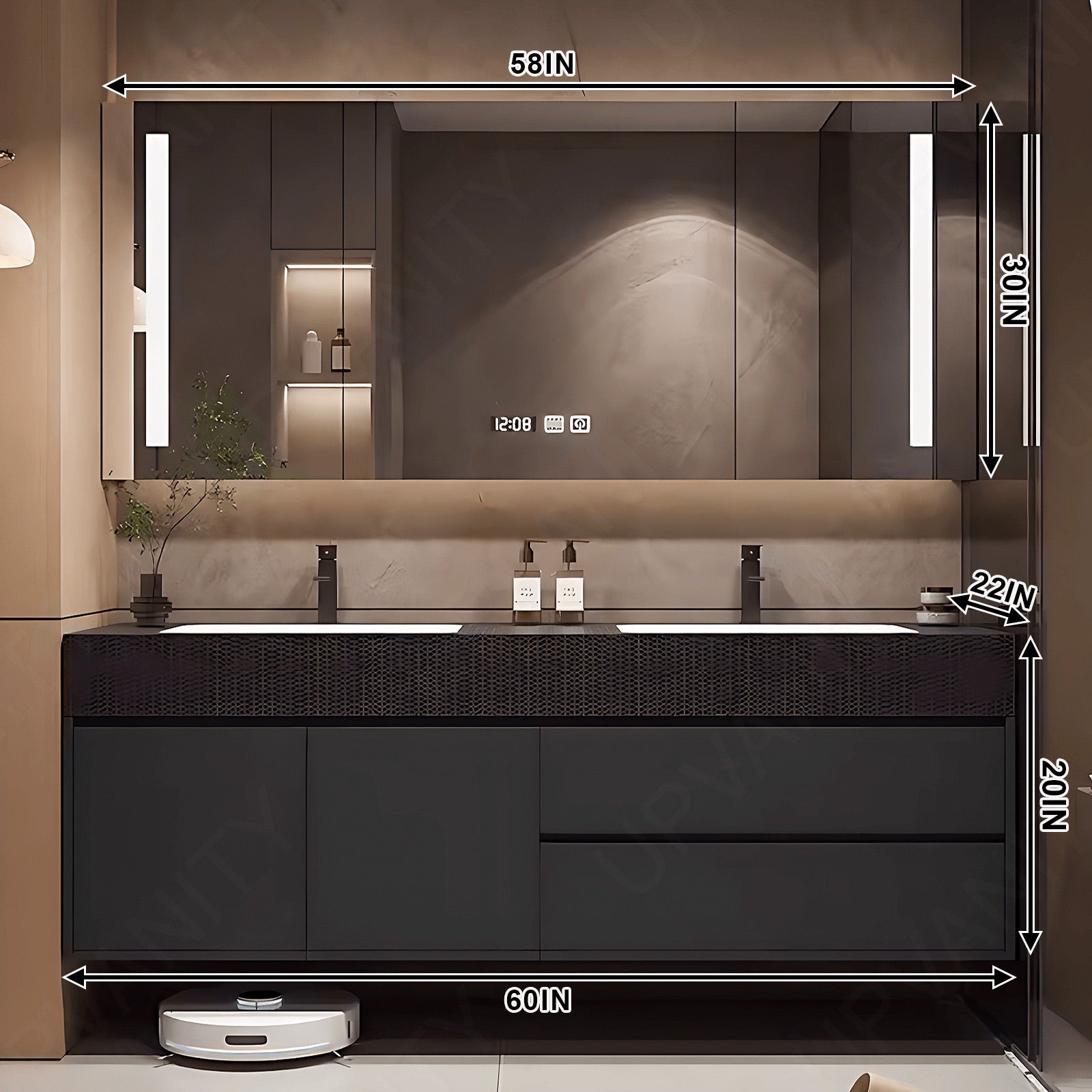 Modern Bath Vanity Set, Black, Sectional Storage, 52"- 78", Double, Floating, Smart LED Mirror, Rear Cabinet