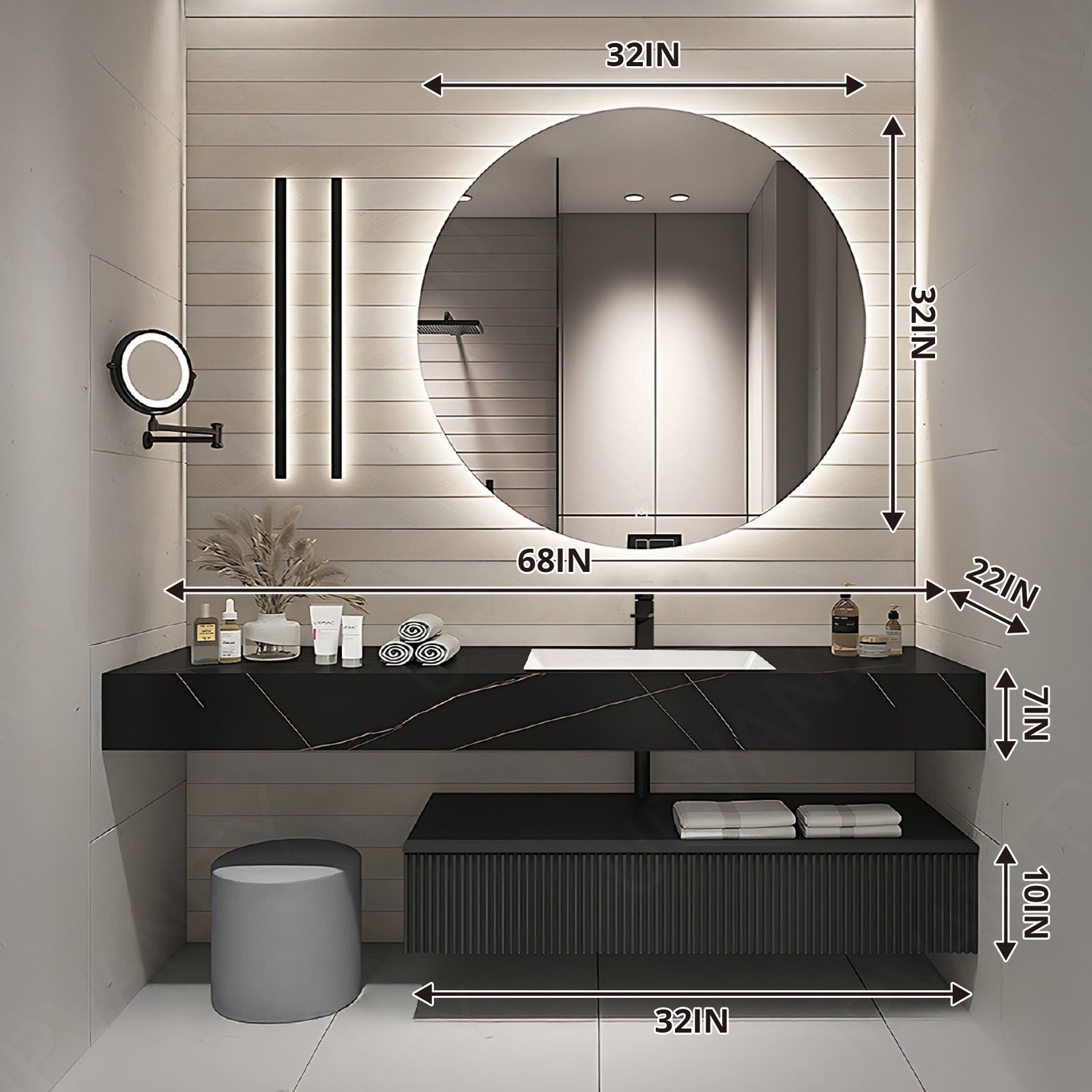 Modern Bath Vanity Set, Black, Split Black Top, 32"- 72", Single, Floating, Round Smart LED Mirror