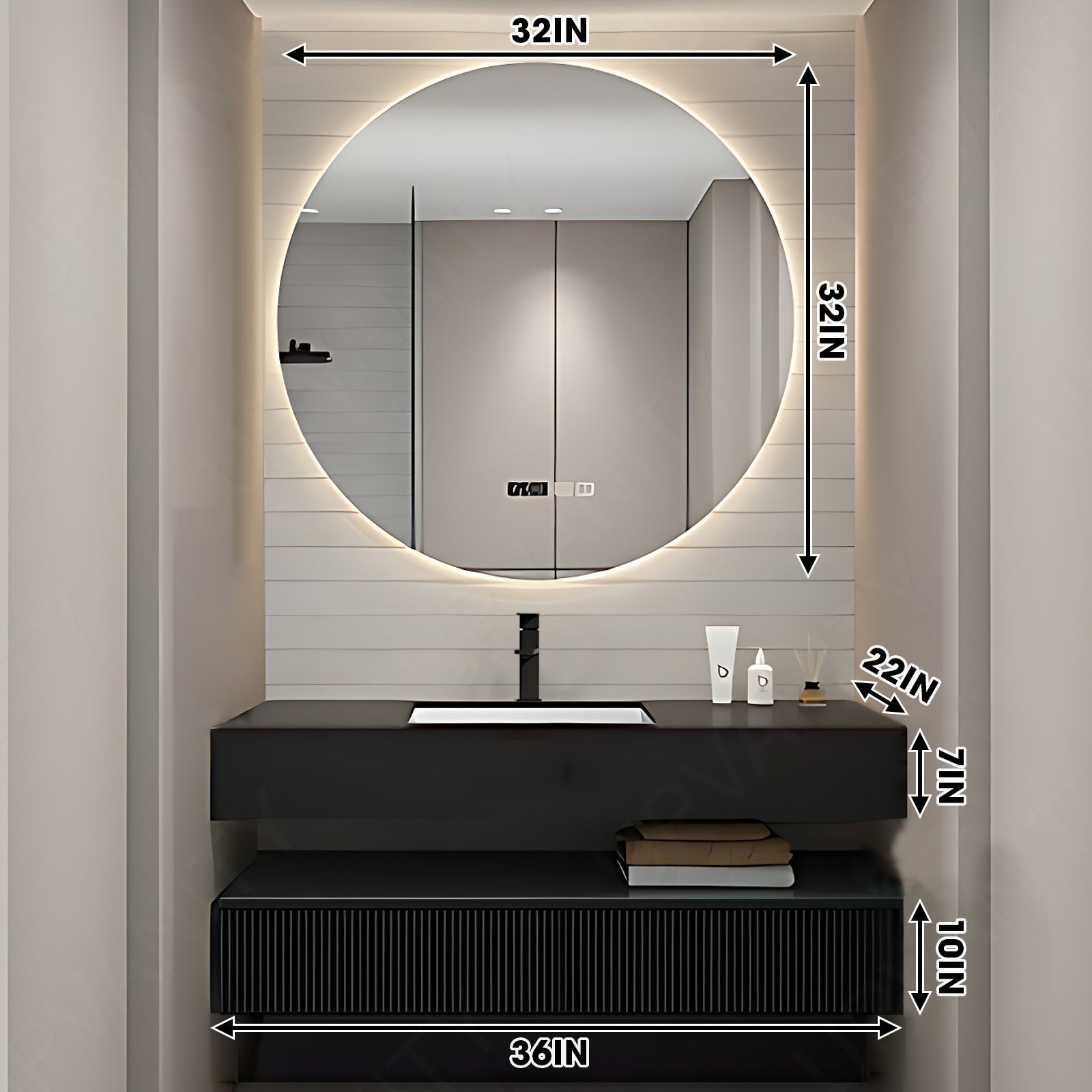 Modern Bath Vanity Set, Black, Split Black Top, 32"- 72", Single, Floating, Round Smart LED Mirror
