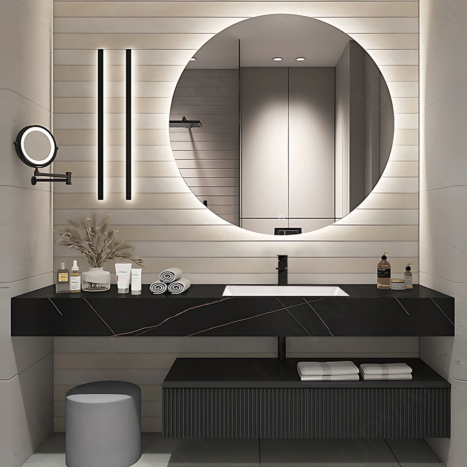 Modern Bath Vanity Set, Black, Split Black Top, 32"- 72", Single, Floating, Round Smart LED Mirror