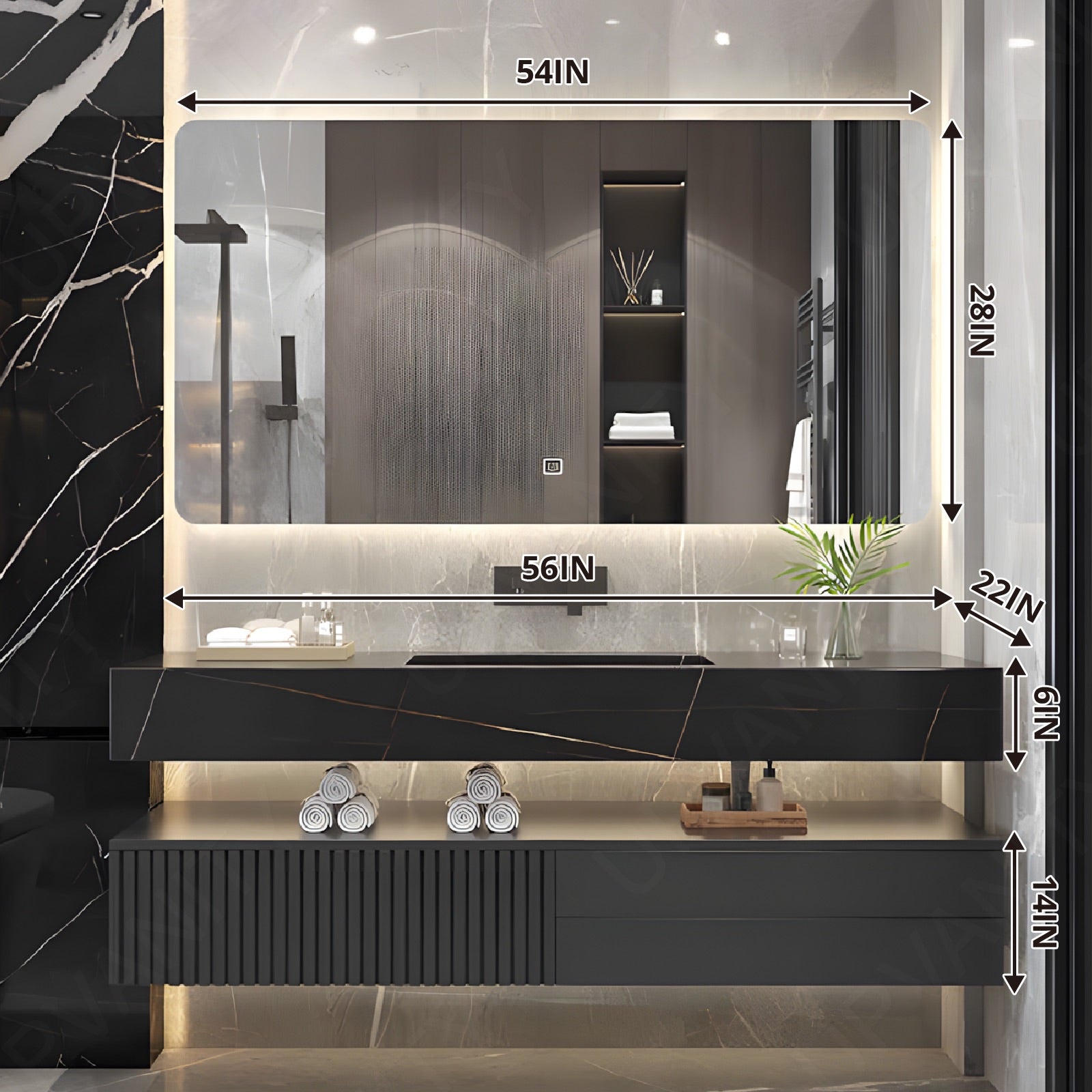 Modern Bath Vanity Set, Black, Split Black Top, 32"- 72", Single, Floating, Striped Panel, Smart LED Mirror