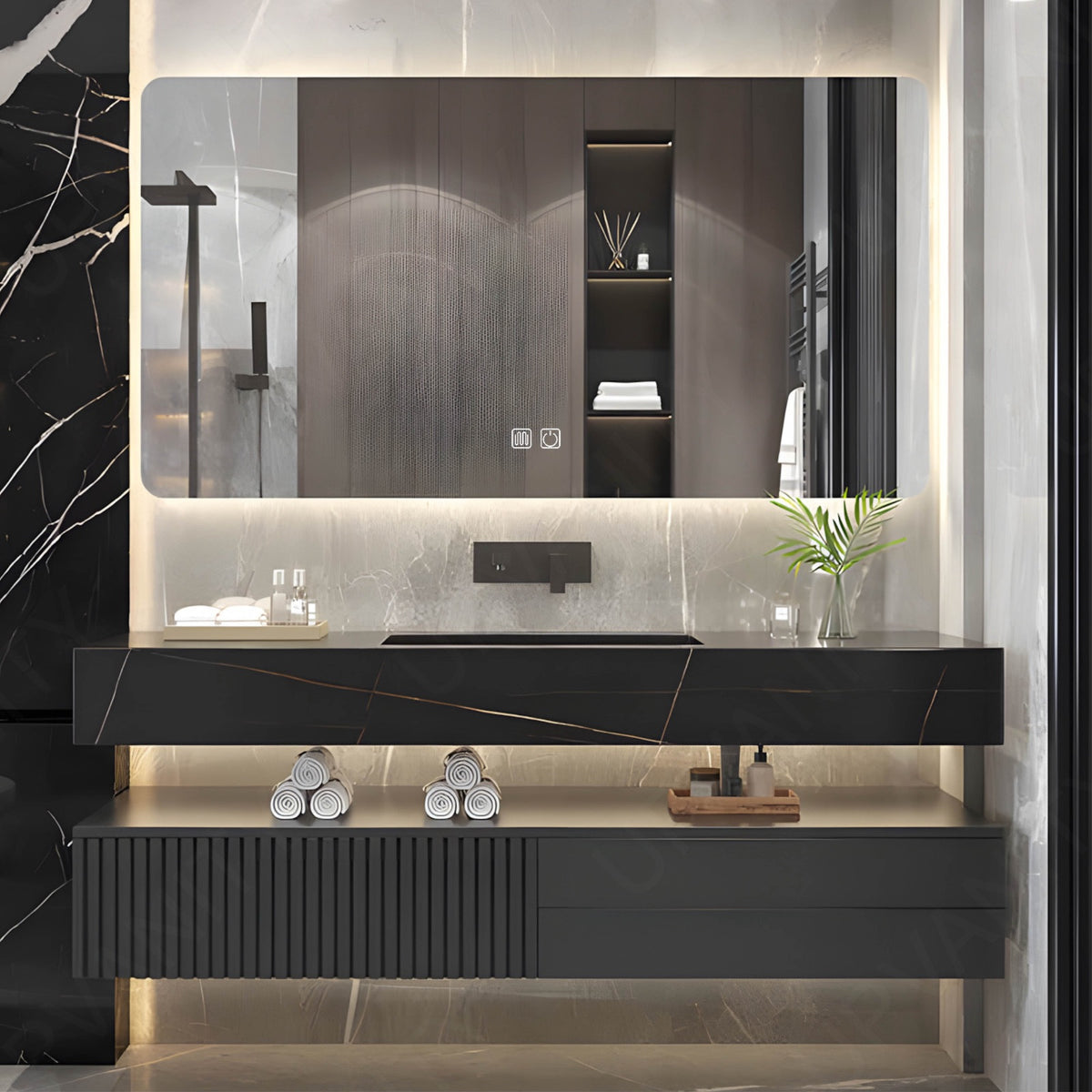 Modern Bath Vanity Set, Black, Split Black Top, 32"- 72", Single, Floating, Striped Panel, Smart LED Mirror