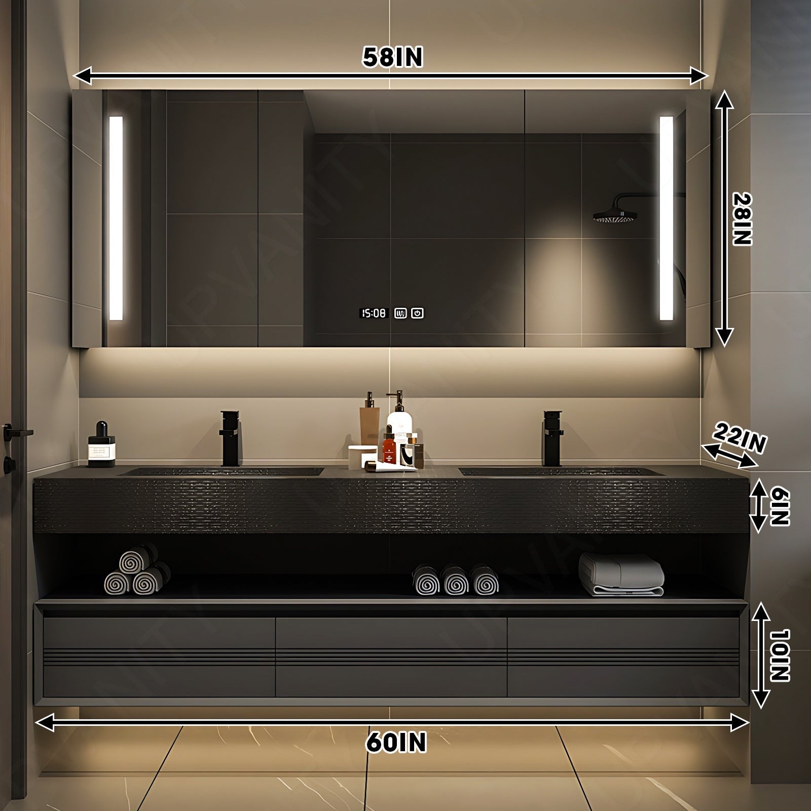 Modern Bath Vanity Set, Black, Split Black Top, 56"- 78", Double, Floating, Smart LED Mirror, Rear Cabinet