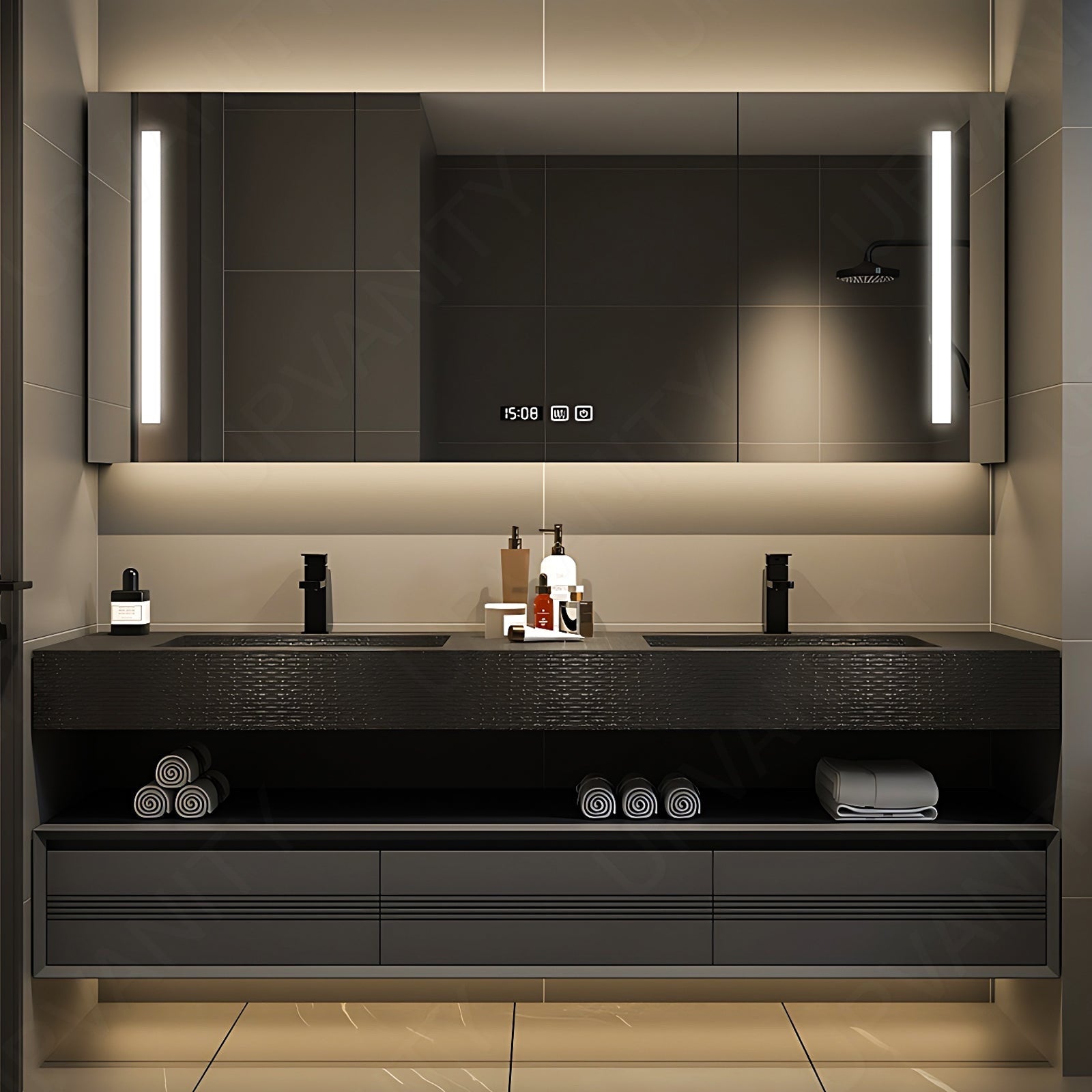 Modern Bath Vanity Set, Black, Split Black Top, 56"- 78", Double, Floating, Smart LED Mirror, Rear Cabinet