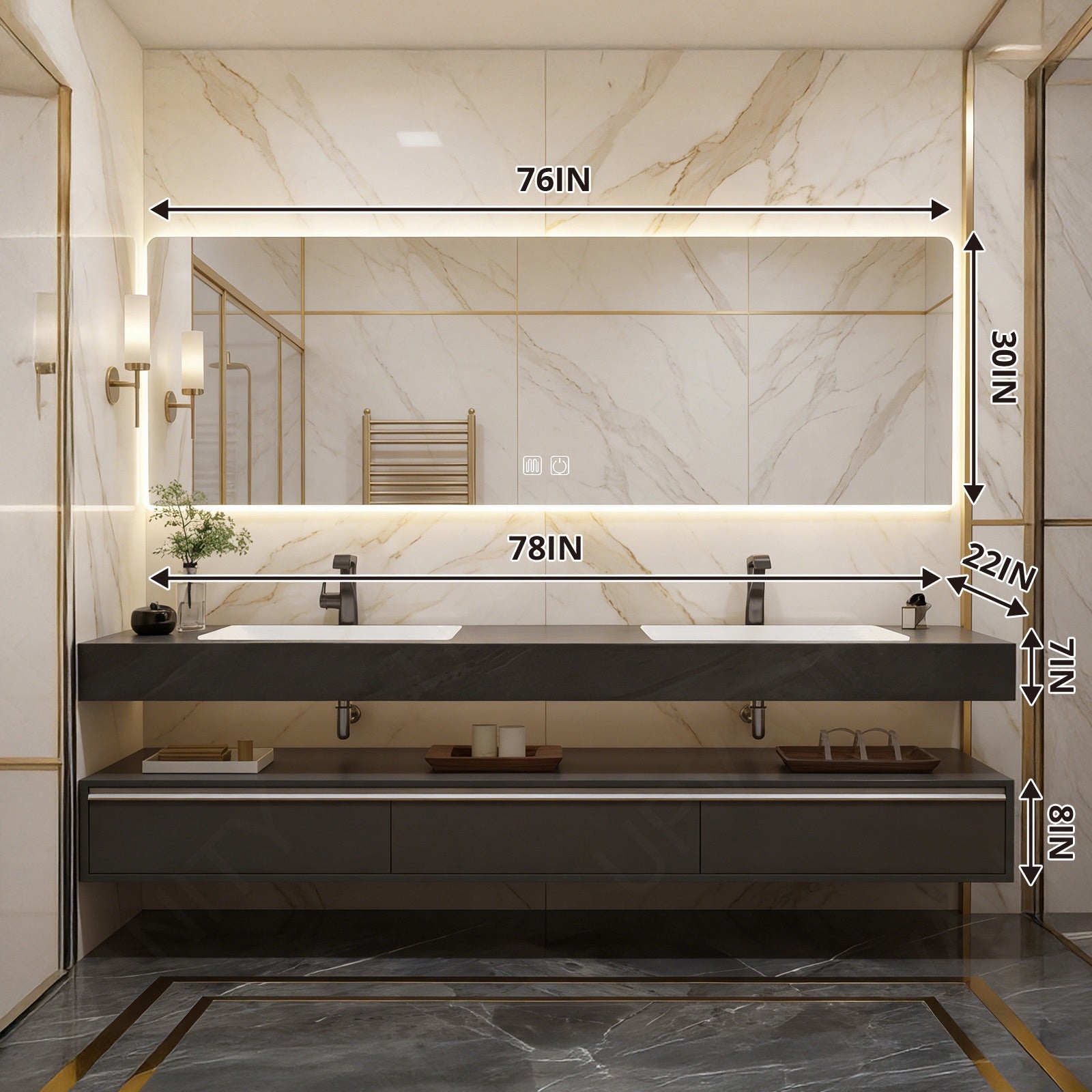 Modern Bath Vanity Set, Black, Split Black Top, 56"-78", Double, Floating, Smart LED Mirror, Sensor Light