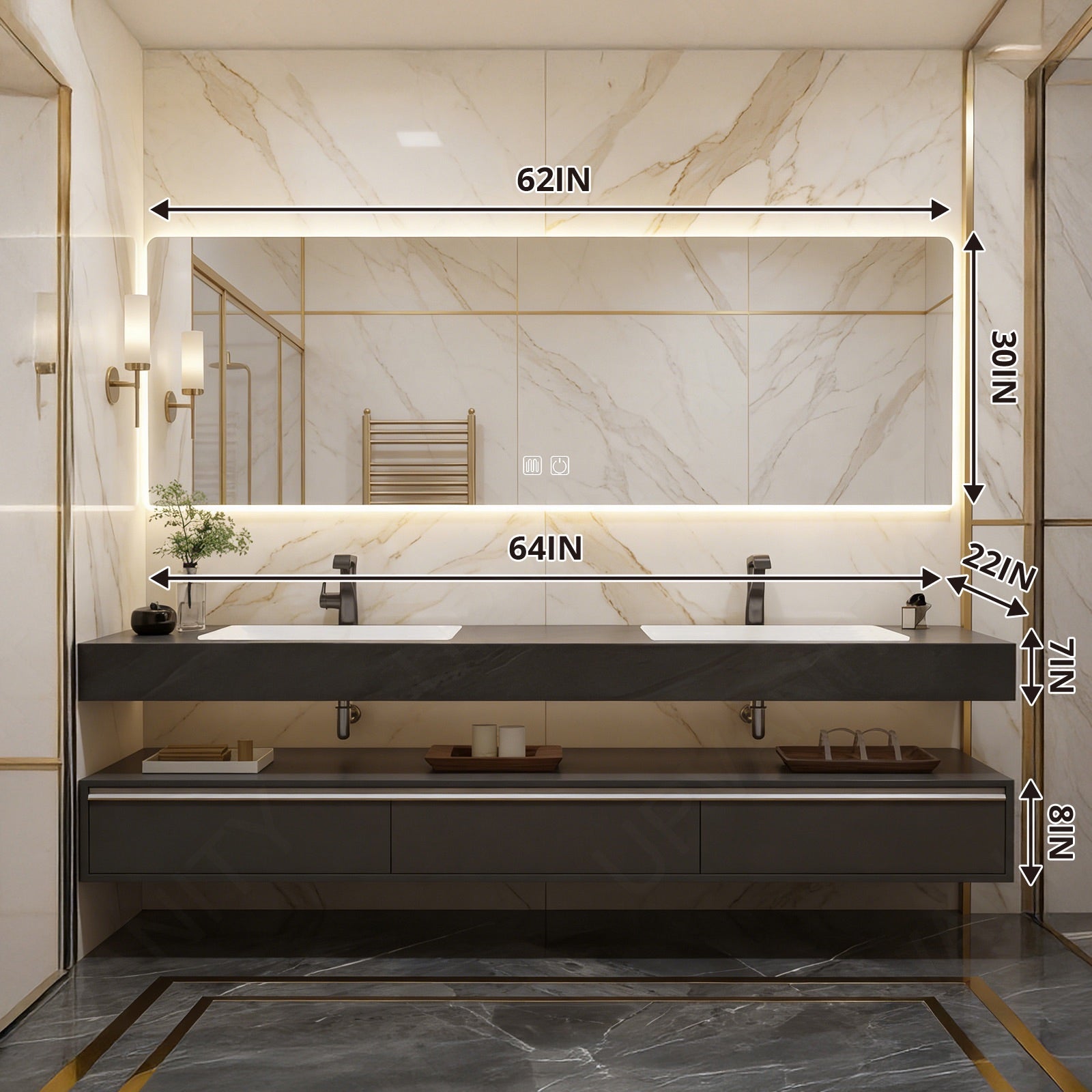Modern Bath Vanity Set, Black, Split Black Top, 56"-78", Double, Floating, Smart LED Mirror, Sensor Light
