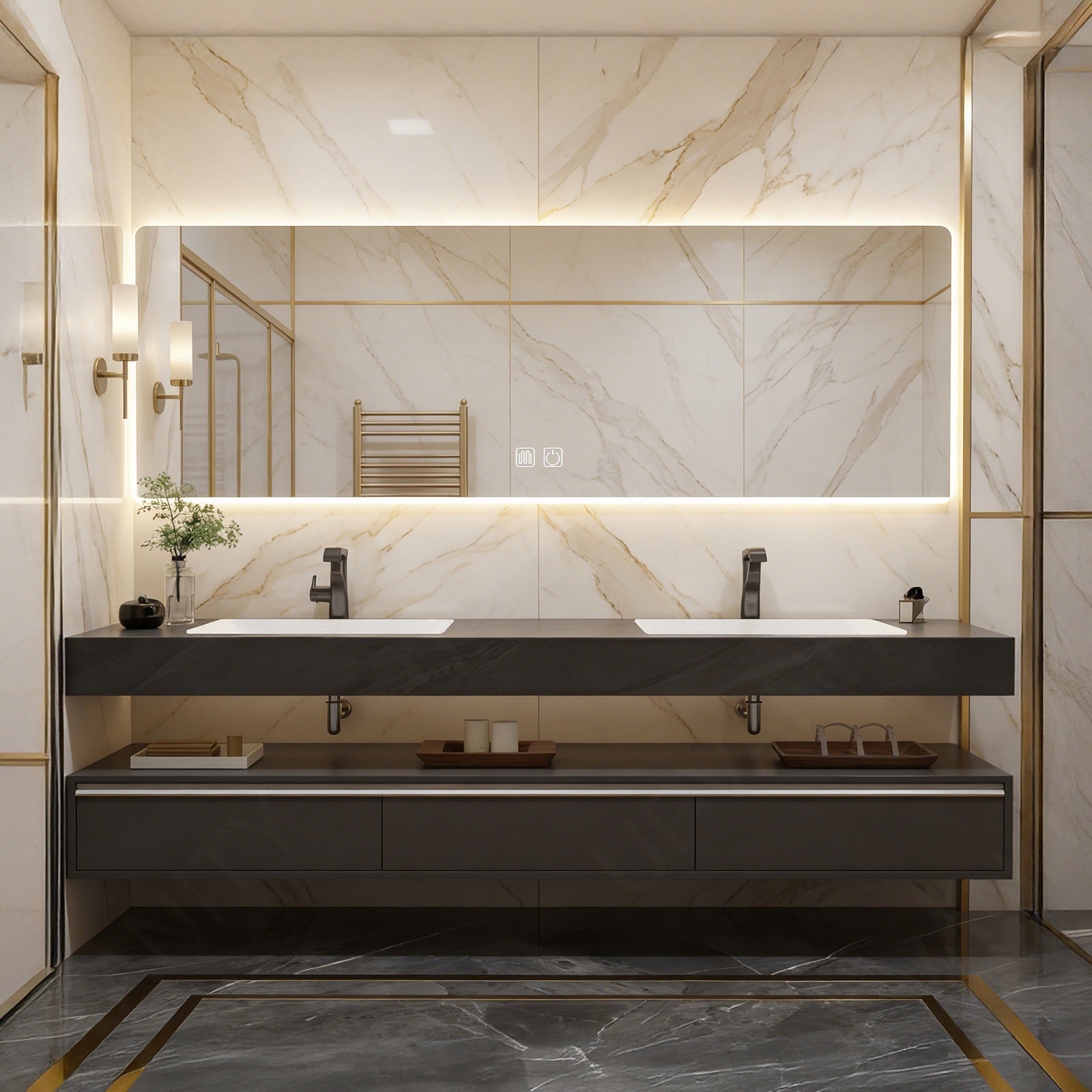Modern Bath Vanity Set, Black, Split Black Top, 56"-78", Double, Floating, Smart LED Mirror, Sensor Light