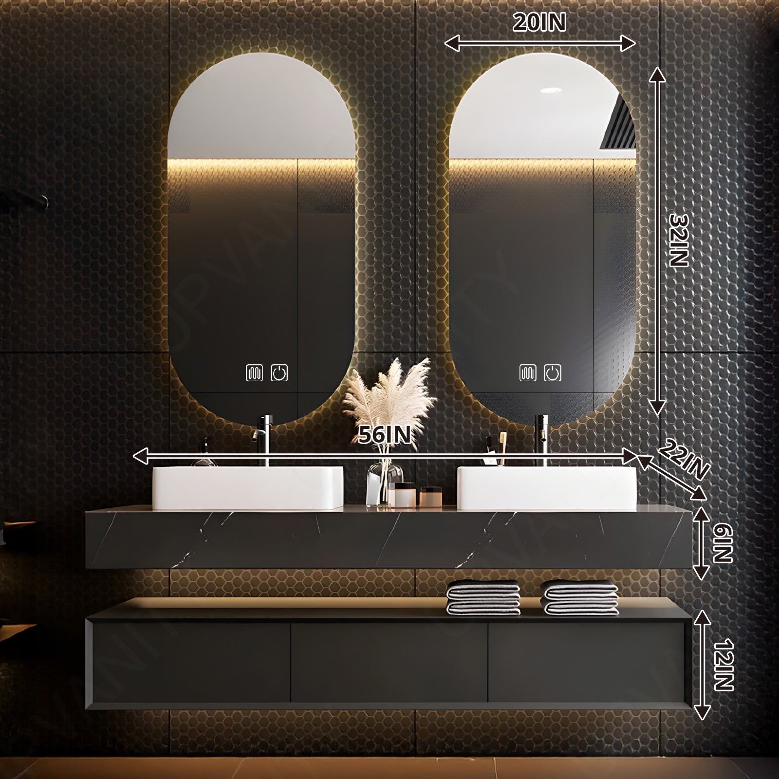 Modern Bath Vanity Set, Black, Split Black Top, Open Storage, 52"-78", Double, Floating, Vessel Sink, Oval Smart LED Mirror