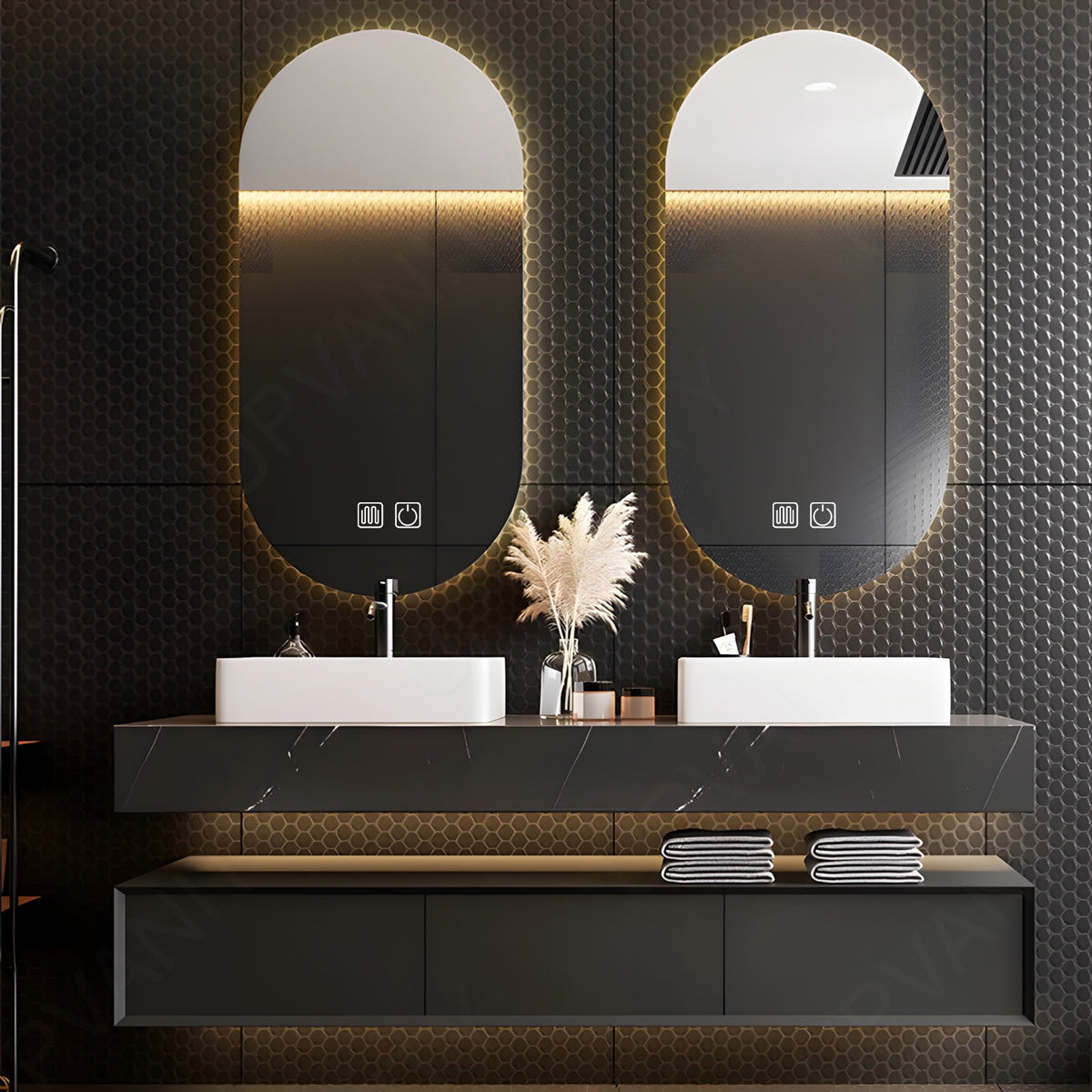 Modern Bath Vanity Set, Black, Split Black Top, Open Storage, 52"-78", Double, Floating, Vessel Sink, Oval Smart LED Mirror