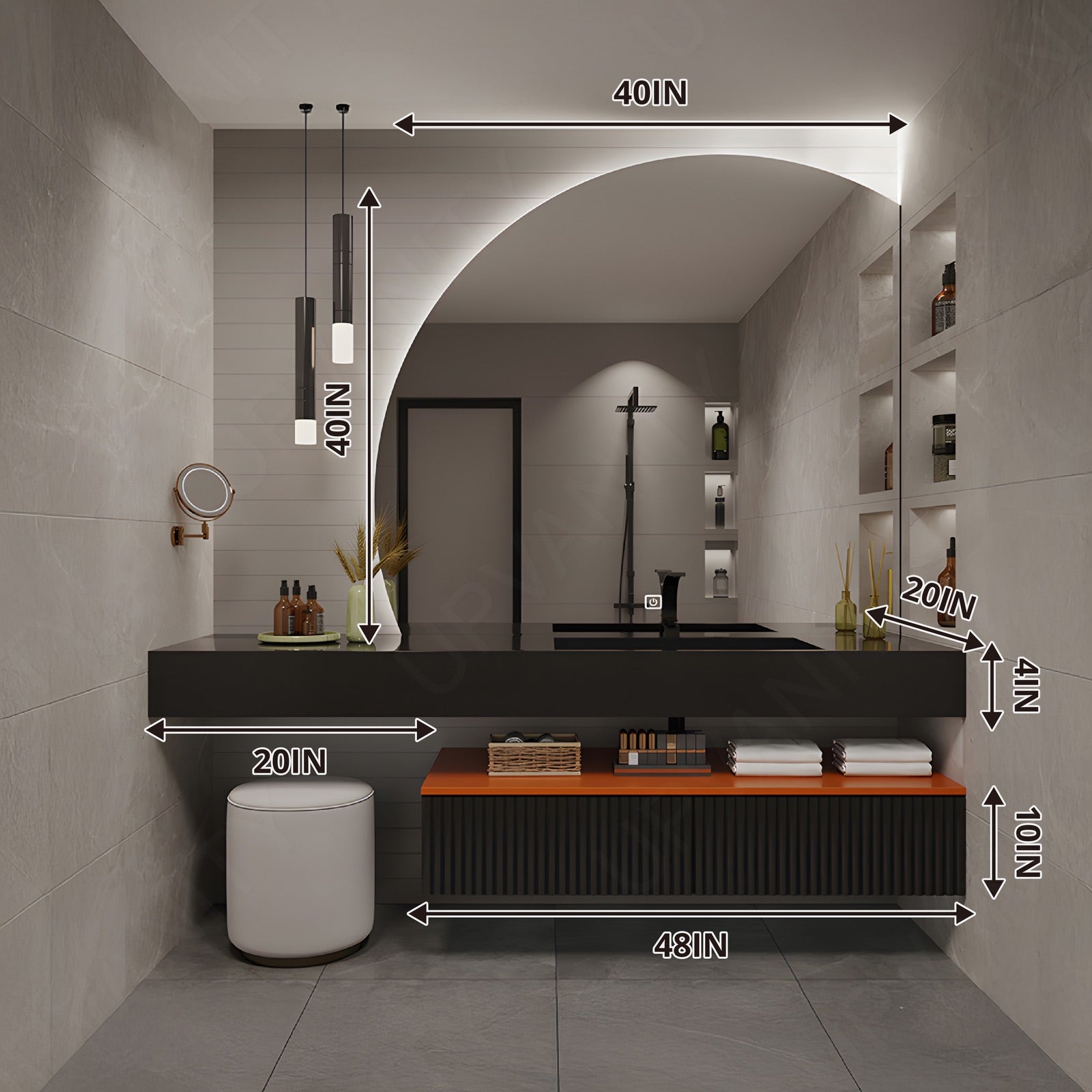 Modern Bath Vanity Set, Black, Split Black Top, Striped Panel, 52"- 78", Single, Floating, Irregular Smart LED Mirror