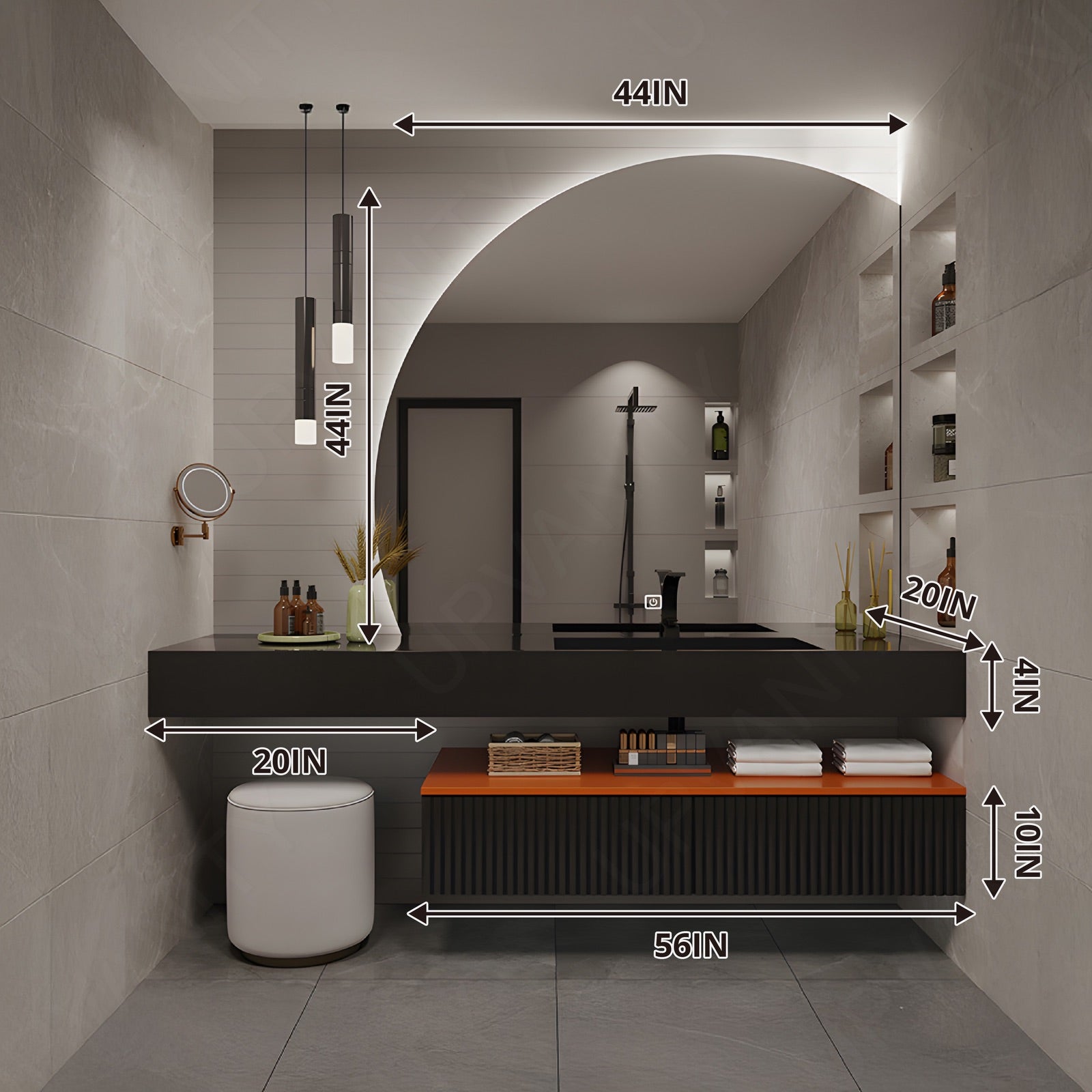 Modern Bath Vanity Set, Black, Split Black Top, Striped Panel, 52"- 78", Single, Floating, Irregular Smart LED Mirror