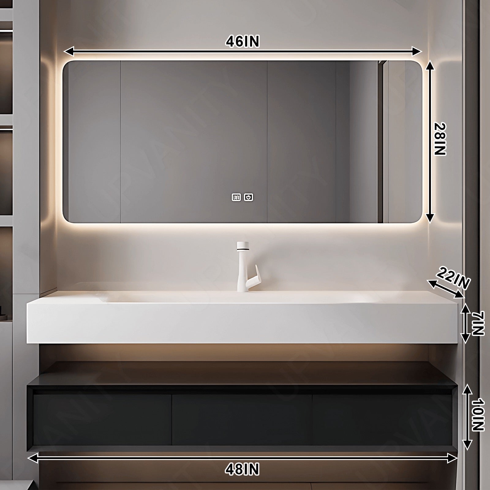 Modern Bath Vanity Set, Black, Split White Top, 32"- 52", Single, Floating, Minimalist, HD Silver Smart LED Mirror