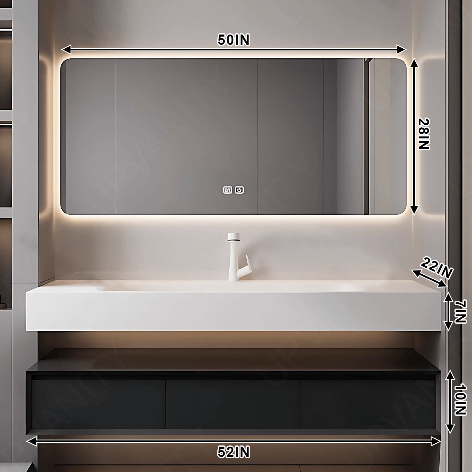 Modern Bath Vanity Set, Black, Split White Top, 32"- 52", Single, Floating, Minimalist, HD Silver Smart LED Mirror