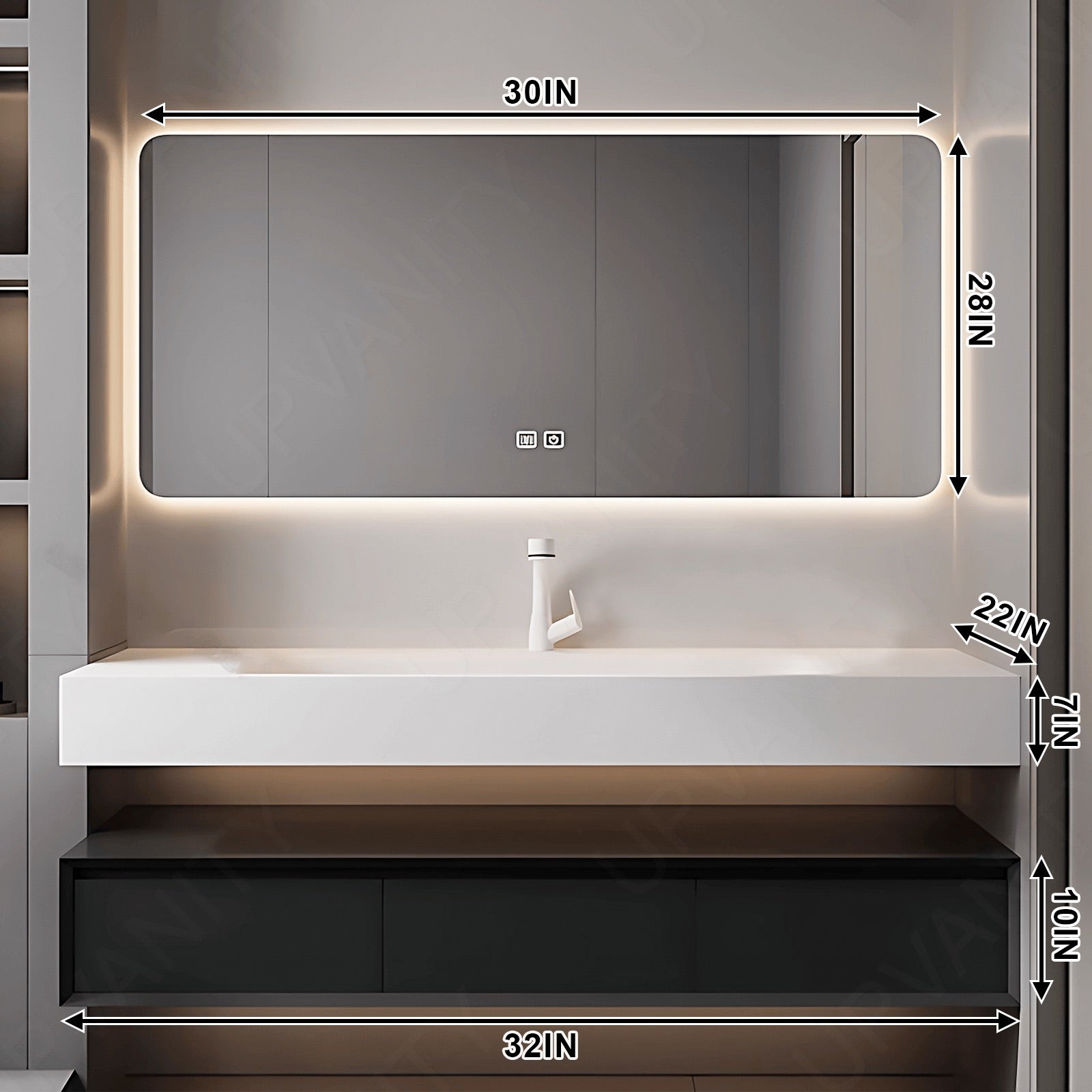 Modern Bath Vanity Set, Black, Split White Top, 32"- 52", Single, Floating, Minimalist, HD Silver Smart LED Mirror