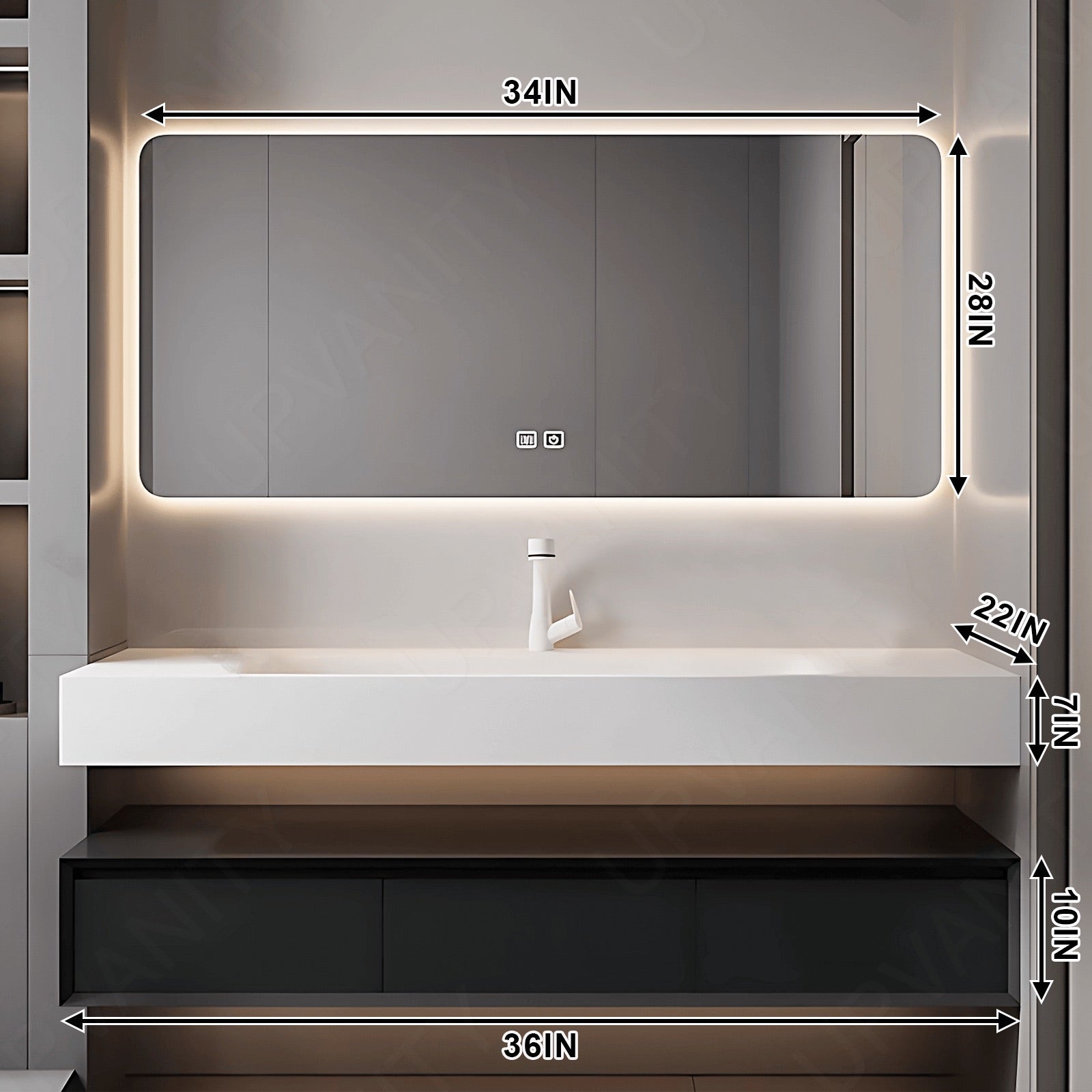 Modern Bath Vanity Set, Black, Split White Top, 32"- 52", Single, Floating, Minimalist, HD Silver Smart LED Mirror