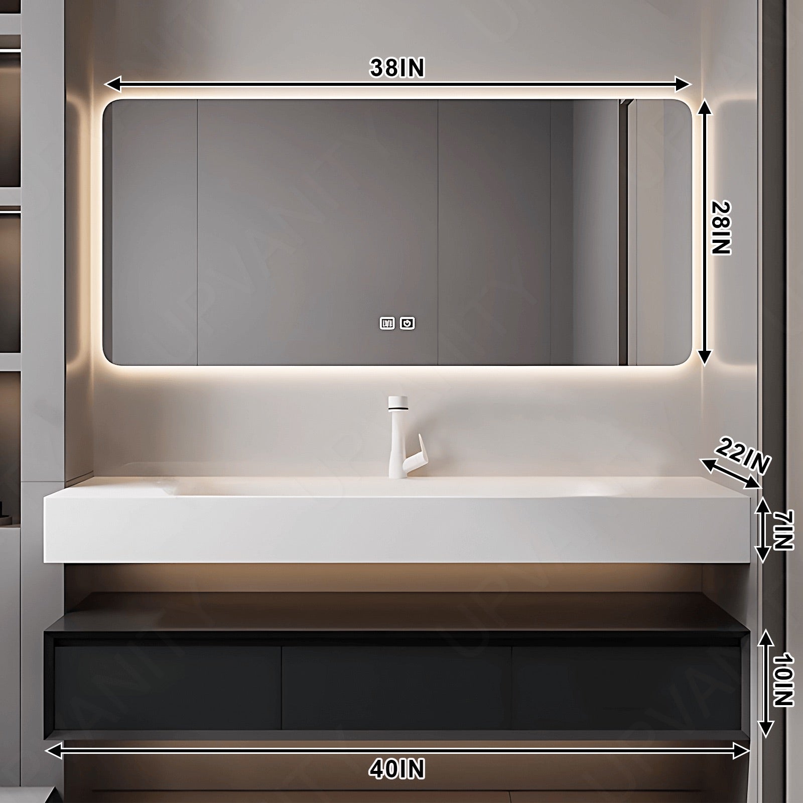 Modern Bath Vanity Set, Black, Split White Top, 32"- 52", Single, Floating, Minimalist, HD Silver Smart LED Mirror