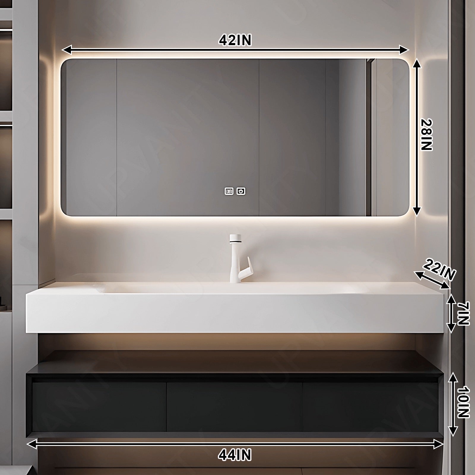 Modern Bath Vanity Set, Black, Split White Top, 32"- 52", Single, Floating, Minimalist, HD Silver Smart LED Mirror