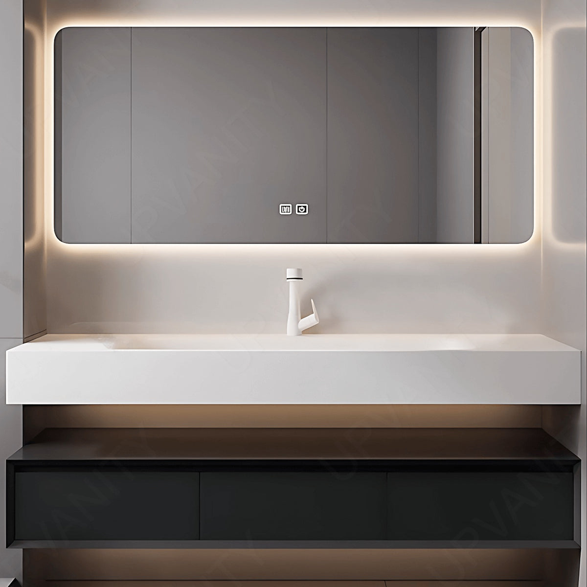 Modern Bath Vanity Set, Black, Split White Top, 32"- 52", Single, Floating, Minimalist, HD Silver Smart LED Mirror