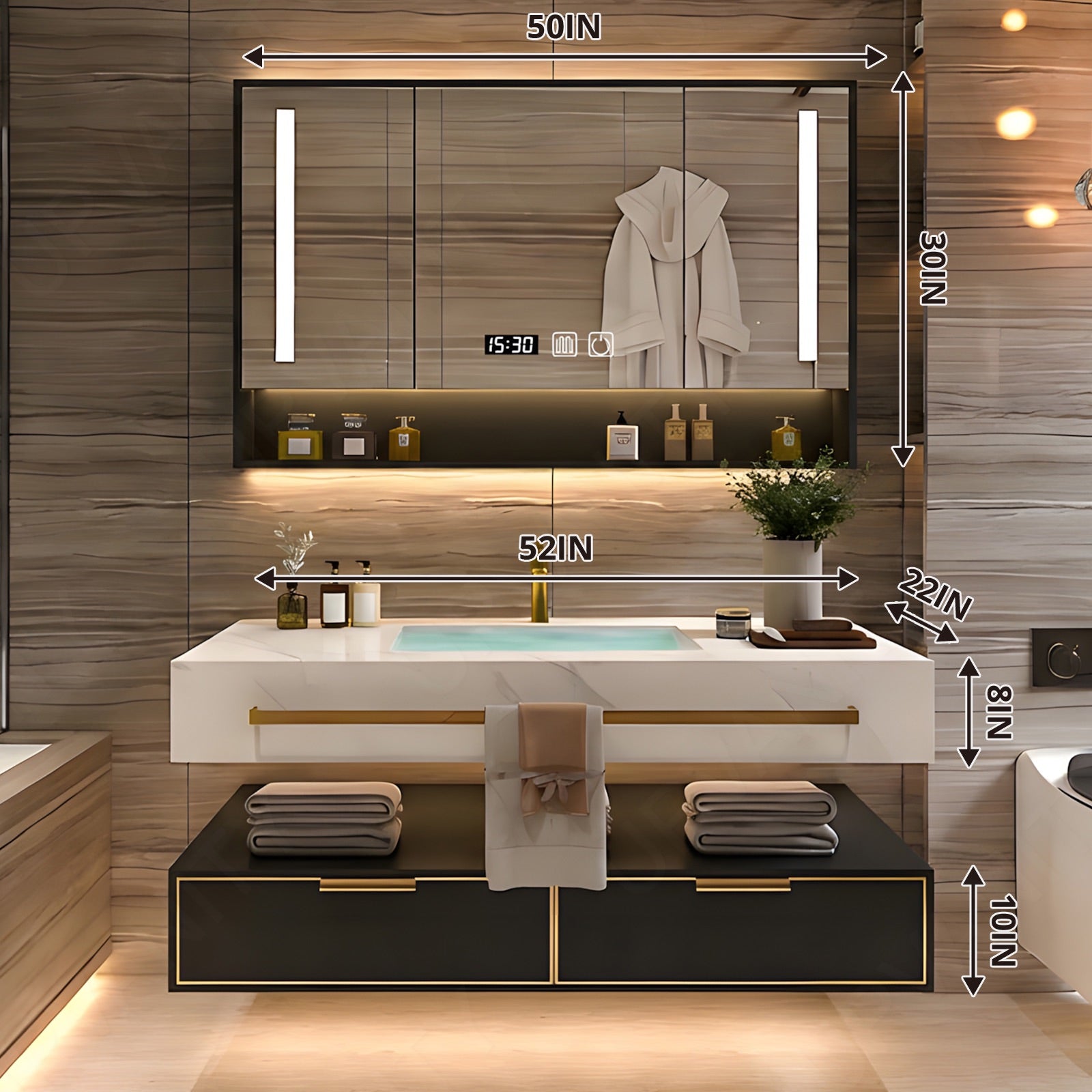 Modern Bath Vanity Set, Black, Split White Top, 32"- 78", Single/Double, Floating, Smart LED Mirror, Rear Cabinet