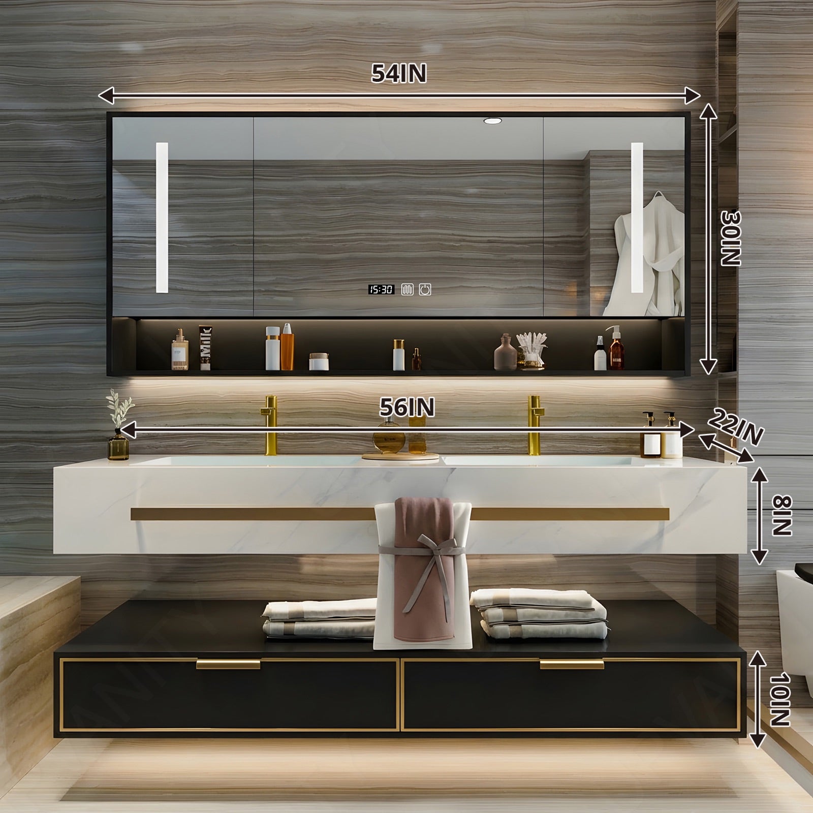 Modern Bath Vanity Set, Black, Split White Top, 32"- 78", Single/Double, Floating, Smart LED Mirror, Rear Cabinet