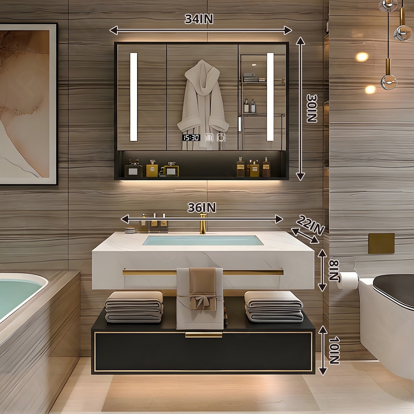 Modern Bath Vanity Set, Black, Split White Top, 32"- 78", Single/Double, Floating, Smart LED Mirror, Rear Cabinet