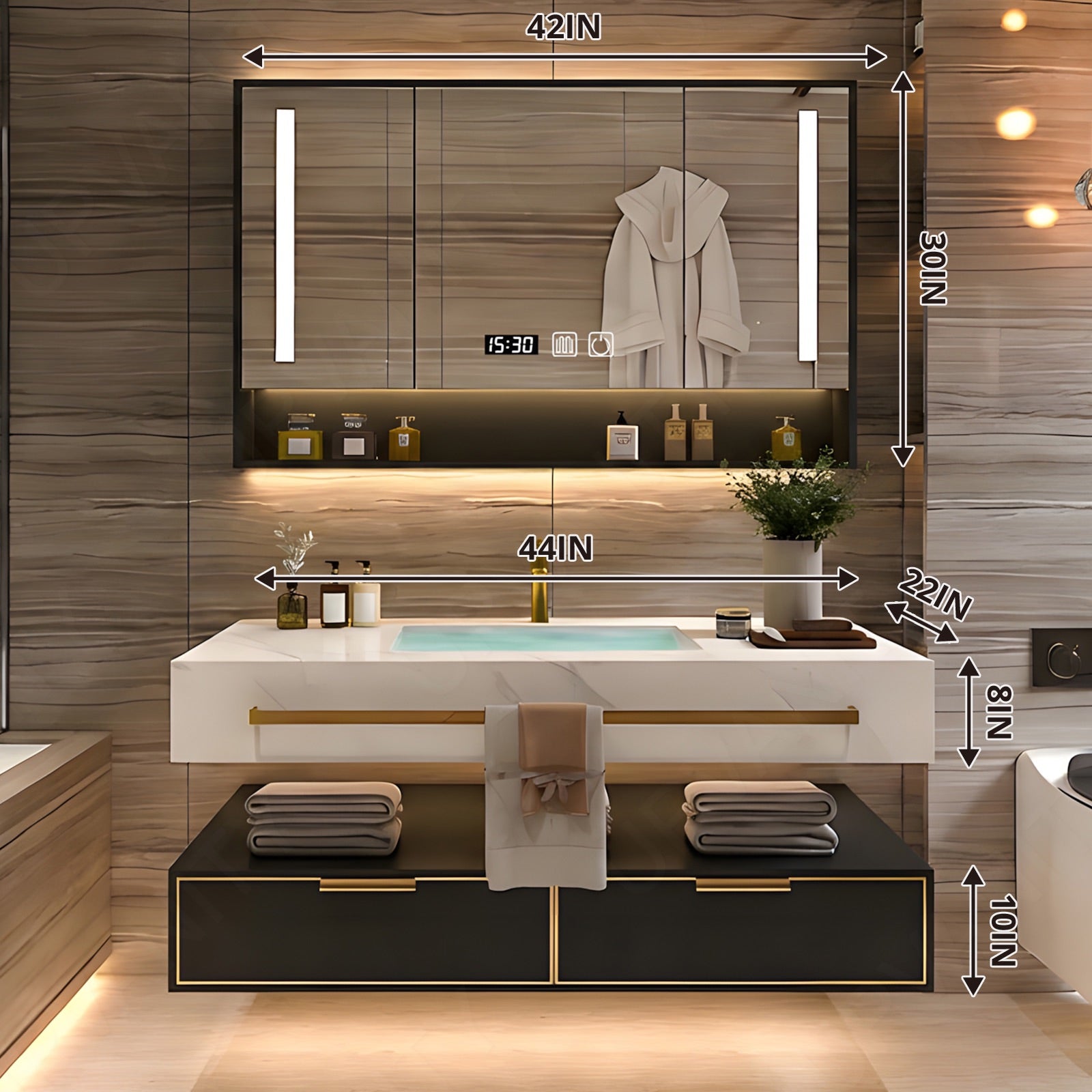 Modern Bath Vanity Set, Black, Split White Top, 32"- 78", Single/Double, Floating, Smart LED Mirror, Rear Cabinet