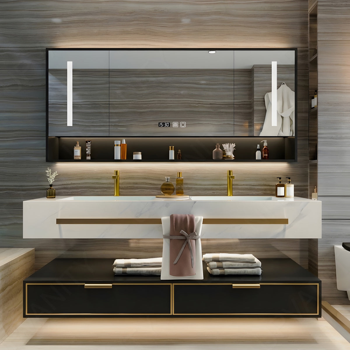 Modern Bath Vanity Set, Black, Split White Top, 32"- 78", Single/Double, Floating, Smart LED Mirror, Rear Cabinet