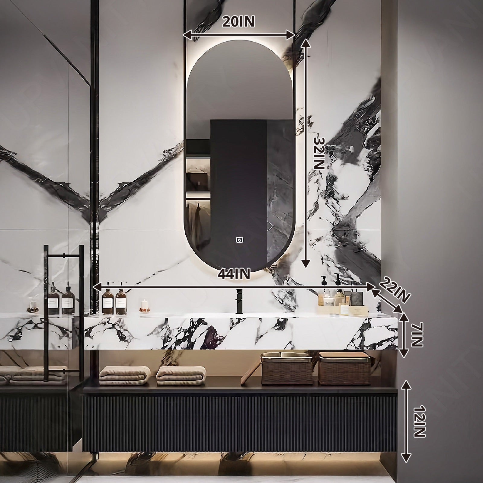 Modern Bath Vanity Set, Black, Split White Top, 36"- 52", Single, Floating, Striped Panel, Oval Smart LED Mirror