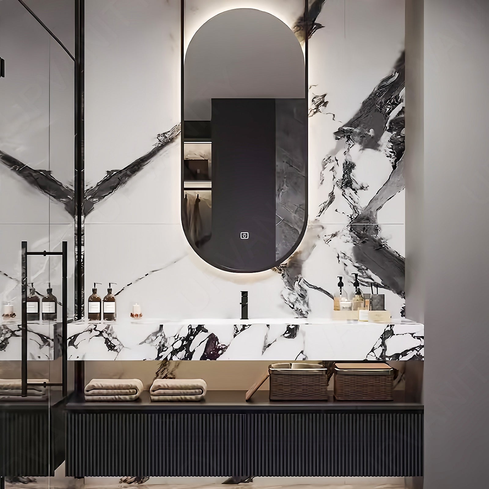 Modern Bath Vanity Set, Black, Split White Top, 36"- 52", Single, Floating, Striped Panel, Oval Smart LED Mirror
