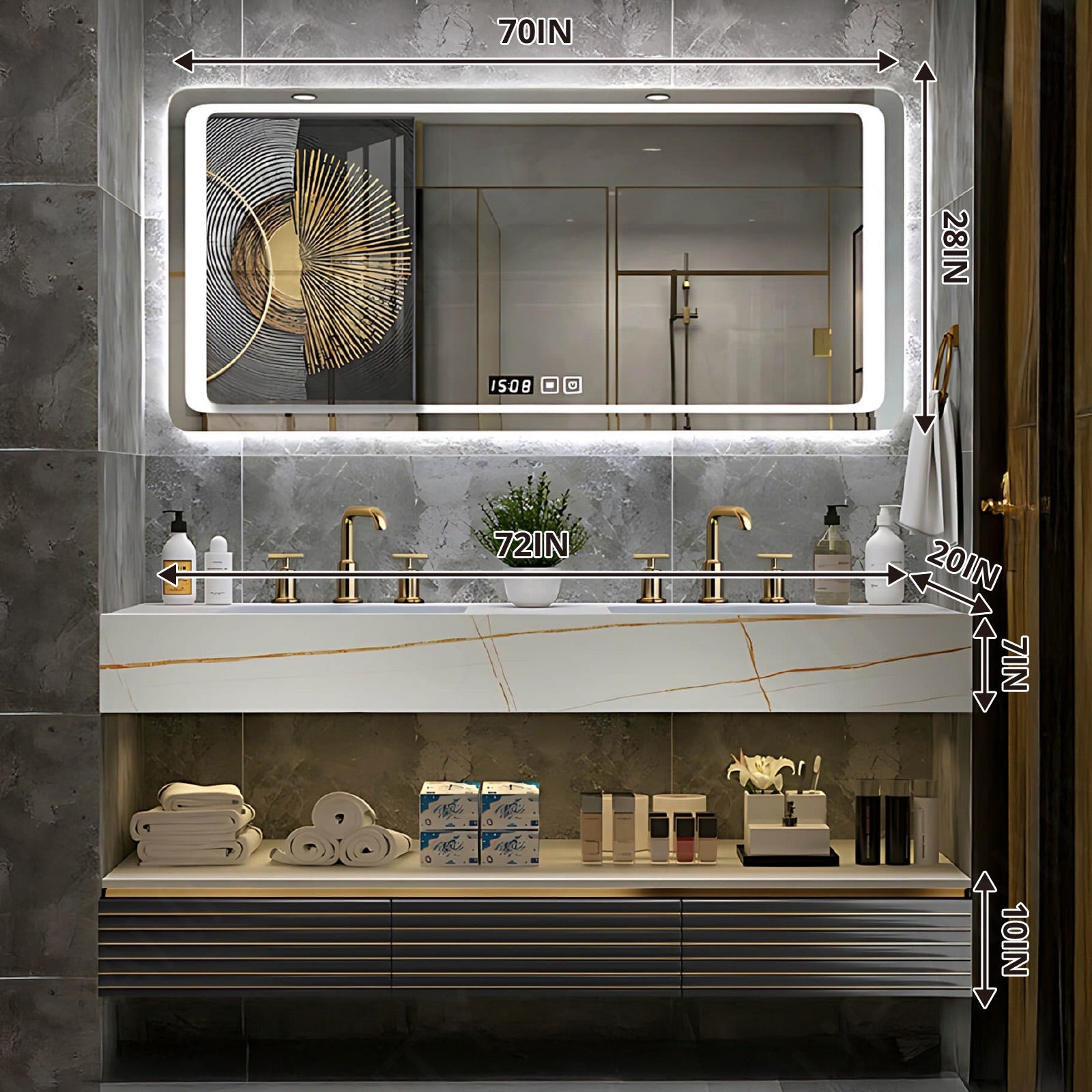 Modern Bath Vanity Set, Black, Split White Top, 52"- 78", Double, Floating, Gold Accents, Smart LED Mirror