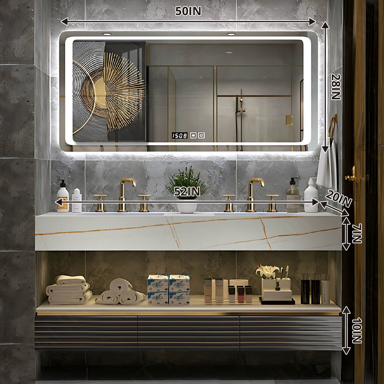 Modern Bath Vanity Set, Black, Split White Top, 52"- 78", Double, Floating, Gold Accents, Smart LED Mirror