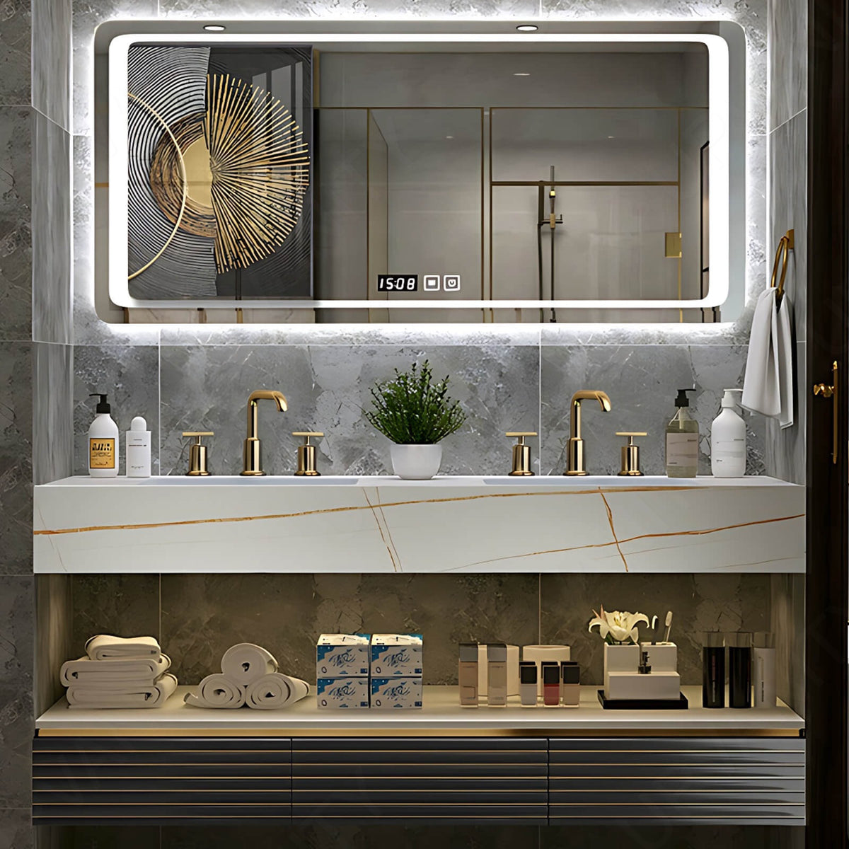 Modern Bath Vanity Set, Black, Split White Top, 52"- 78", Double, Floating, Gold Accents, Smart LED Mirror