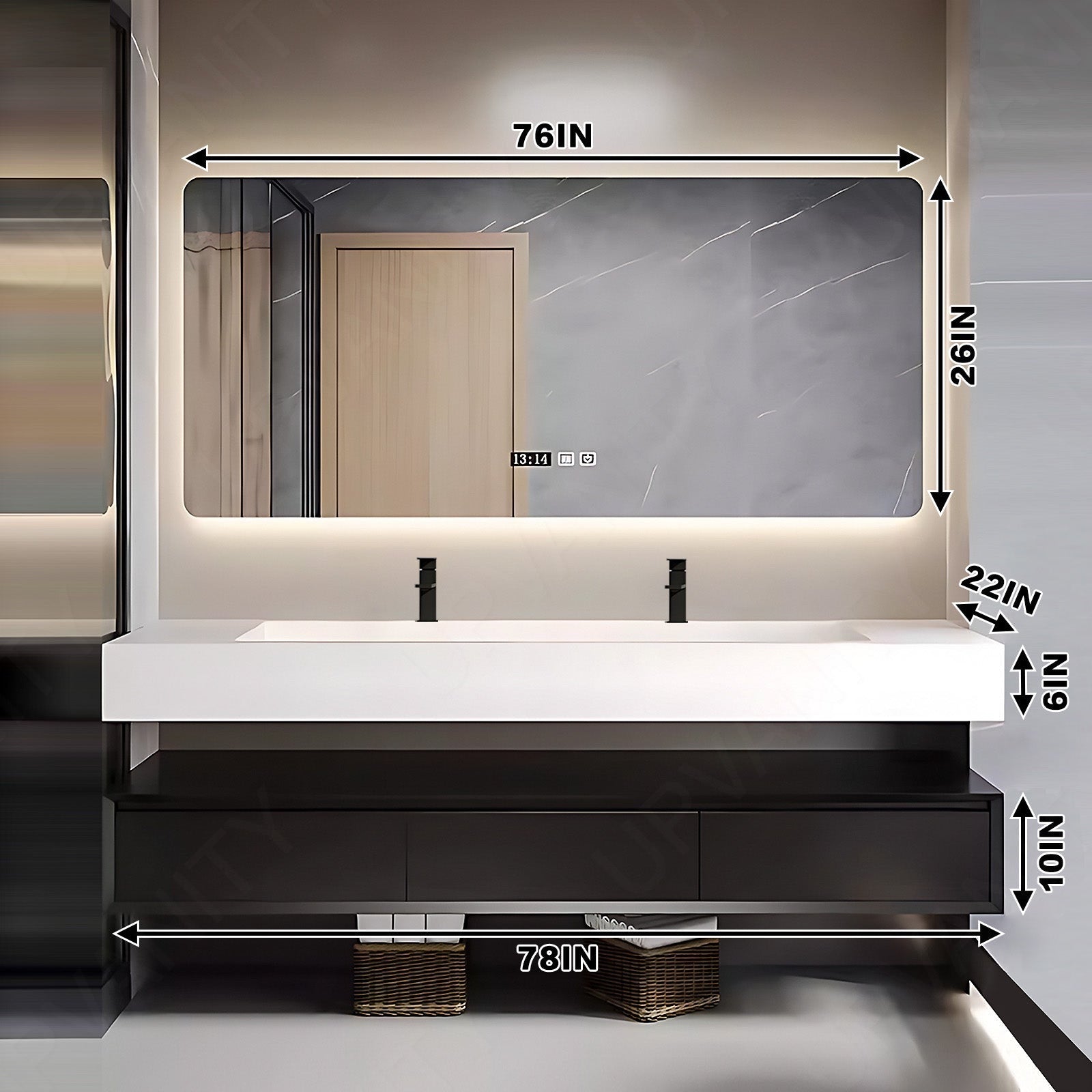 Modern Bath Vanity Set, Black, Split White Top, 52"- 78", Double, Floating, Minimalist, Smart LED Mirror