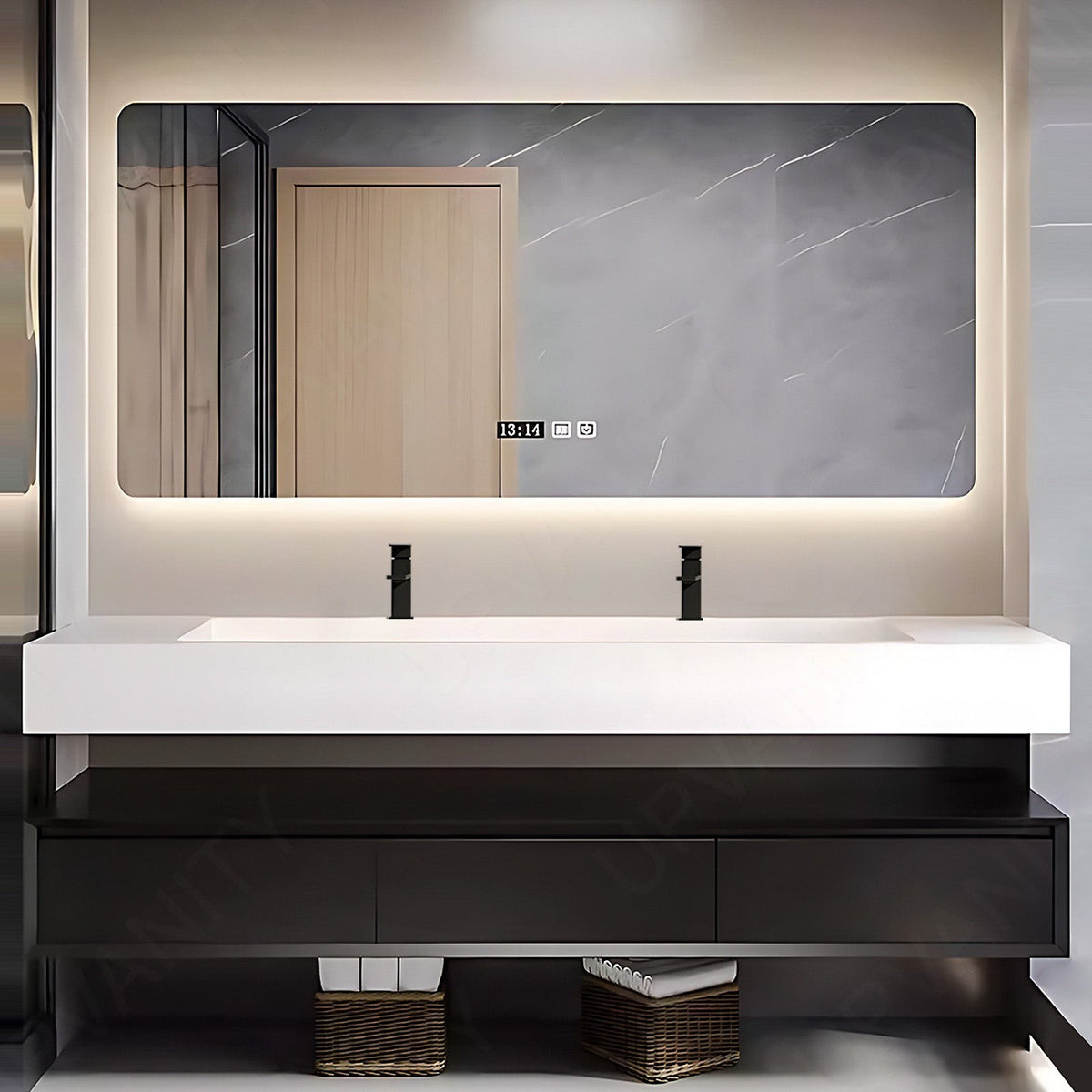 Modern Bath Vanity Set, Black, Split White Top, 52"- 78", Double, Floating, Minimalist, Smart LED Mirror