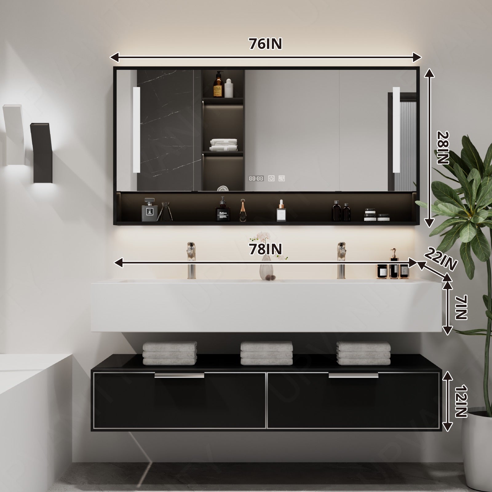 Modern Bath Vanity Set, Black, Split White Top, 52"-78", Double, Floating, Open Storage, Smart LED Mirror, Rear Cabinet