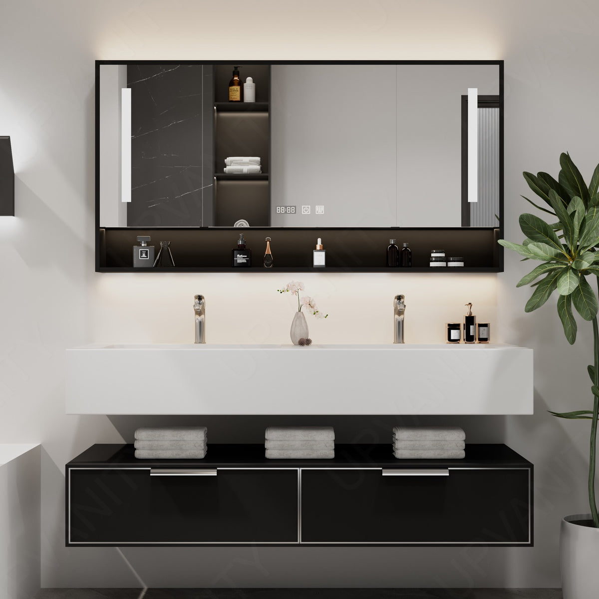 Modern Bath Vanity Set, Black, Split White Top, 52"-78", Double, Floating, Open Storage, Smart LED Mirror, Rear Cabinet
