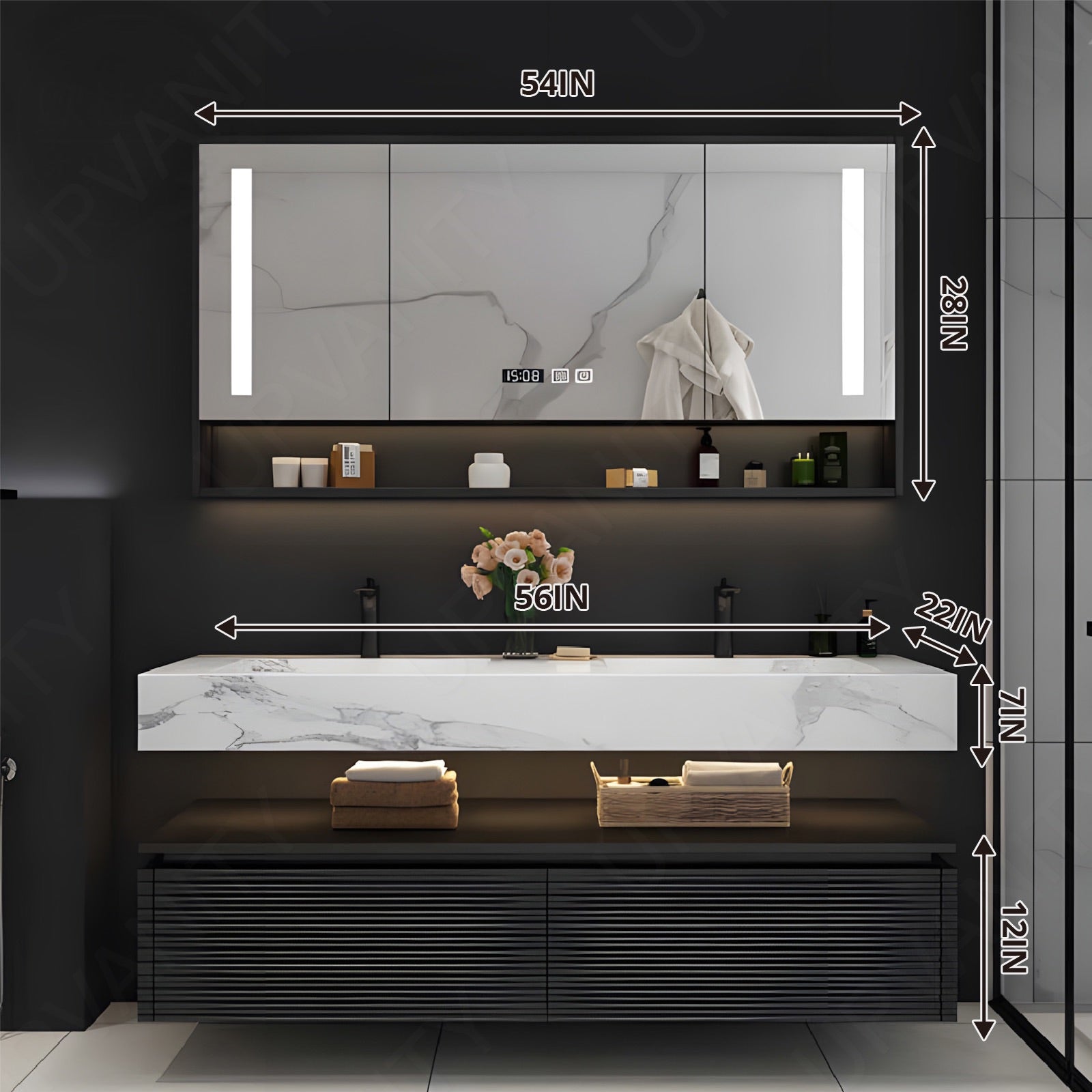 Modern Bath Vanity Set, Black, Split White Top, 52"- 78", Double, Floating, Smart LED Mirror, Rear Cabinet