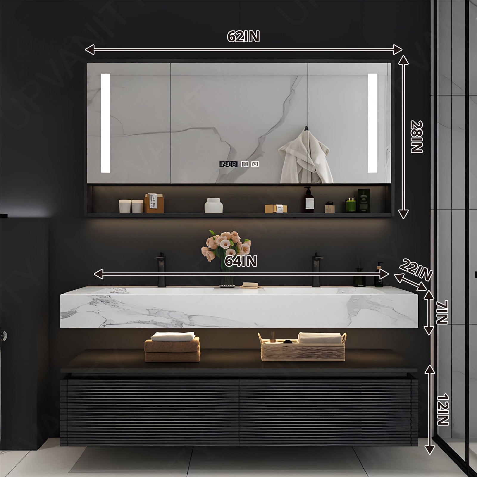 Modern Bath Vanity Set, Black, Split White Top, 52"- 78", Double, Floating, Smart LED Mirror, Rear Cabinet