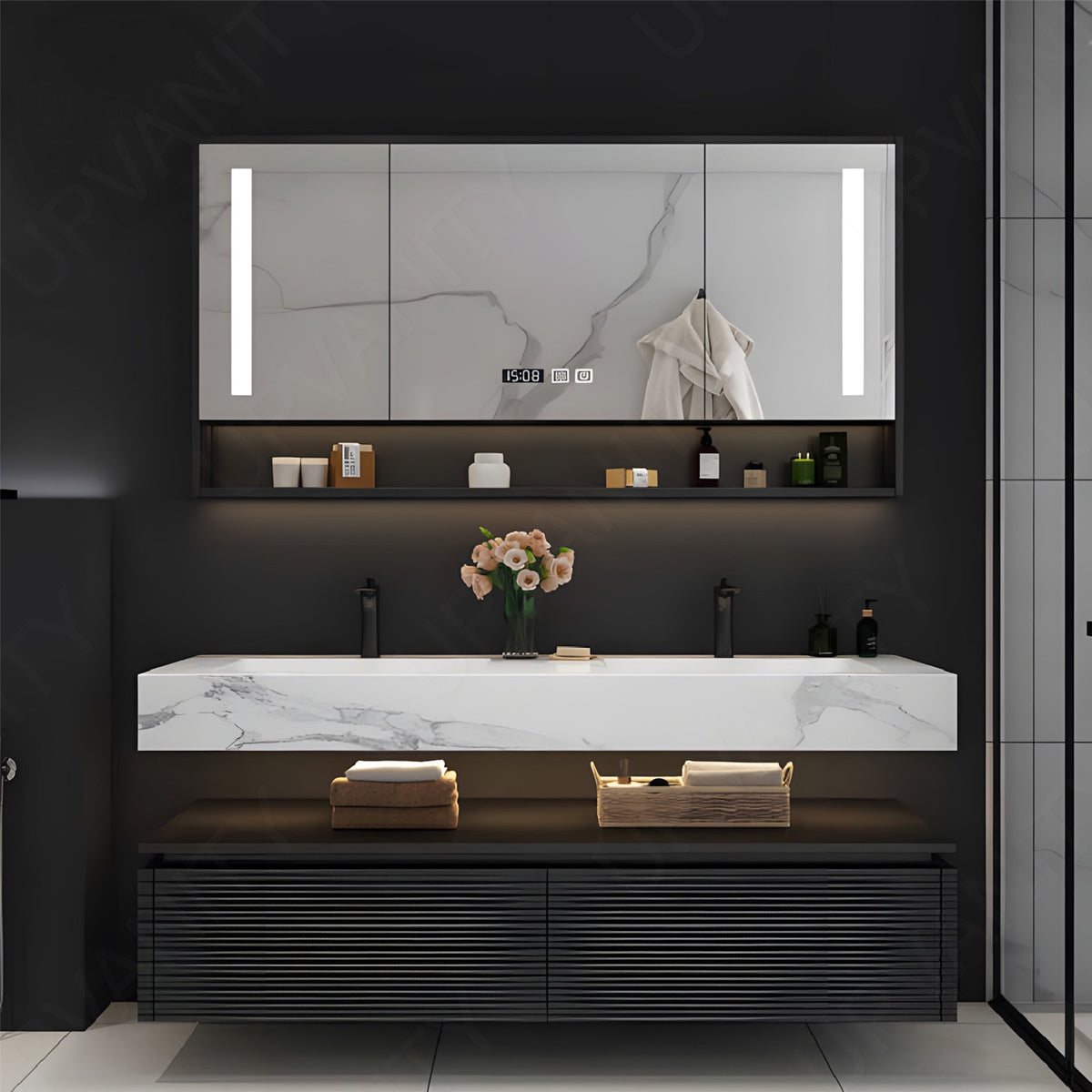 Modern Bath Vanity Set, Black, Split White Top, 52"- 78", Double, Floating, Smart LED Mirror, Rear Cabinet