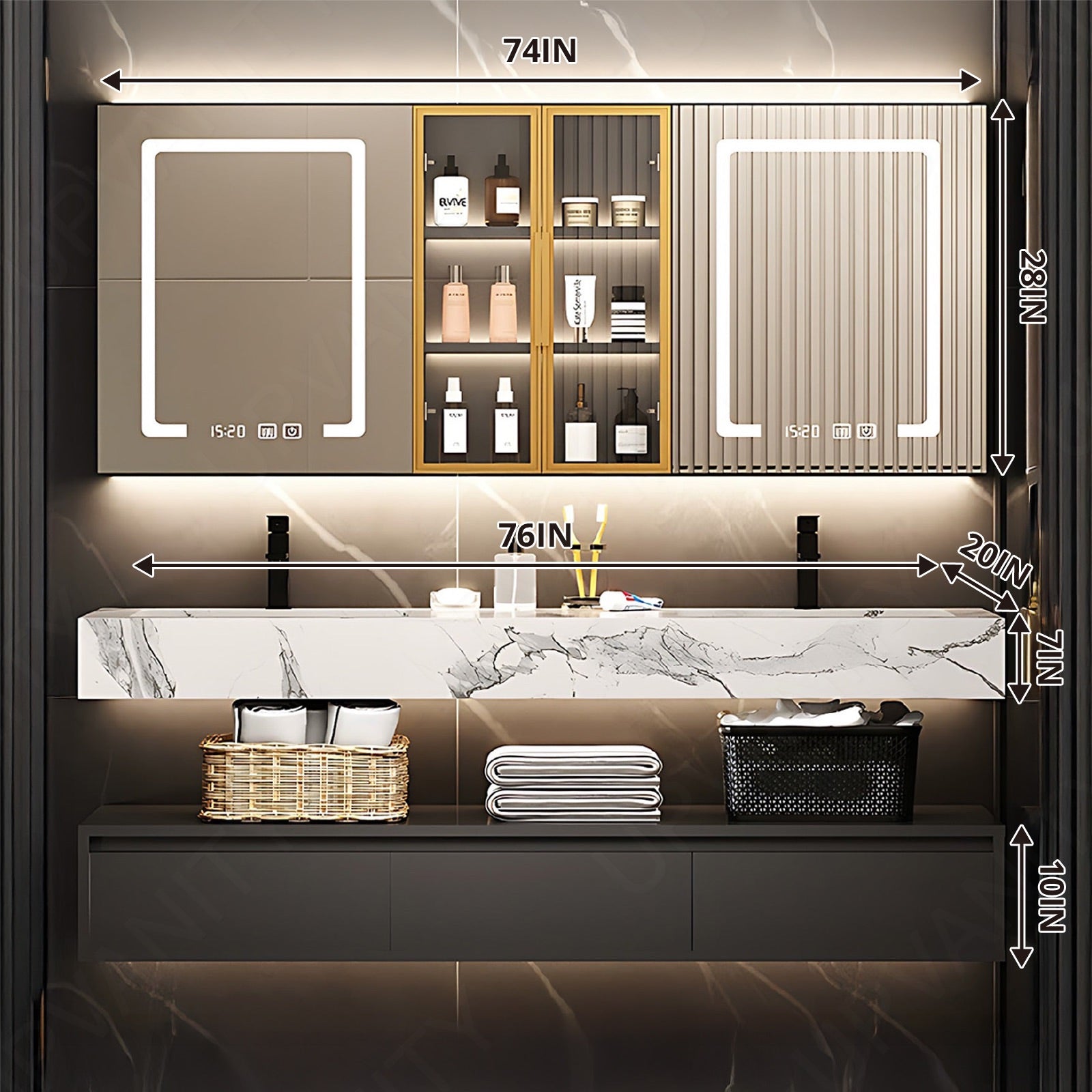 Modern Bath Vanity Set, Black, Split White Top, 56"- 78", Double, Floating, Dual Smart LED Mirror, Rear and Side Cabinets