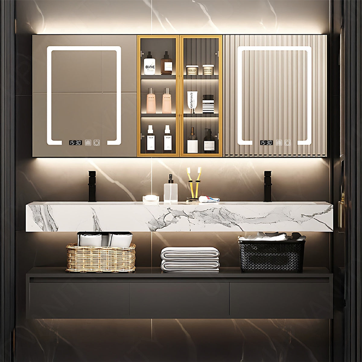 Modern Bath Vanity Set, Black, Split White Top, 56"- 78", Double, Floating, Dual Smart LED Mirror, Rear and Side Cabinets