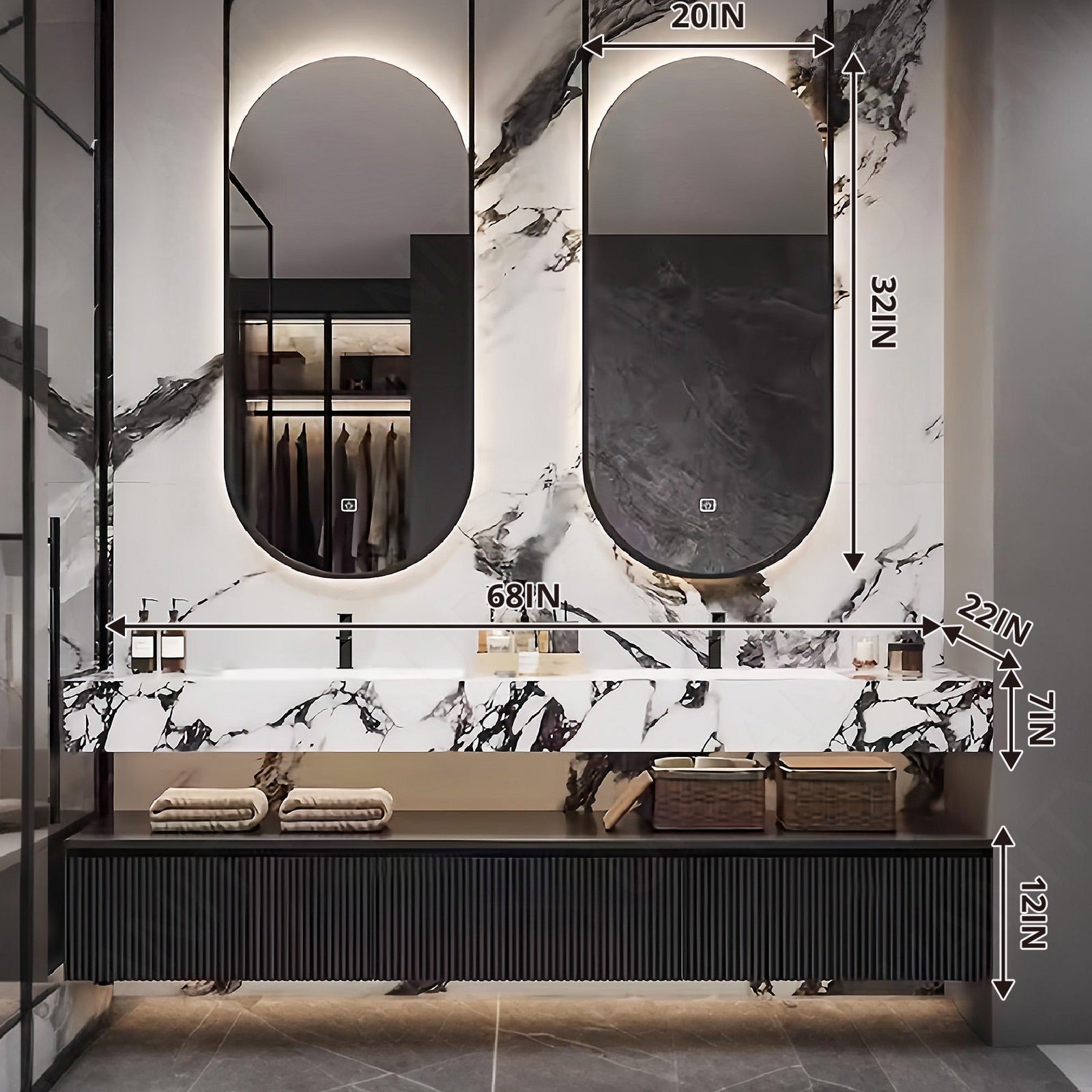 Modern Bath Vanity Set, Black, Split White Top, 56"- 78", Double, Floating, Striped Panel, Dual Oval Smart Mirror
